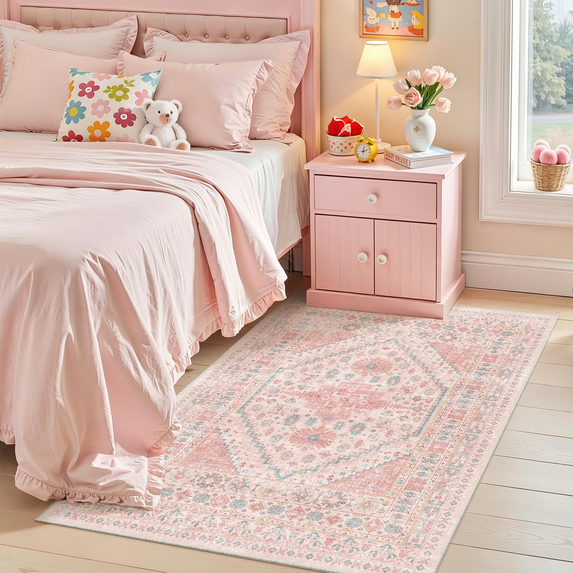zesthome Pink Rug - 4x6 Area Rugs for Bedroom, Stain Resistant Washable Rugs for Nursery Room, Living Room, Home Decor, Girls Rug (Pink/Blue,4'x6') — image 1
