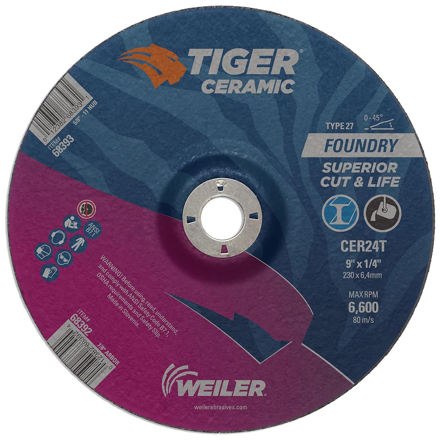 Weiler 68388 7" x 1/4" Tiger Ceramic Type 27 Grinding Wheel CER24T 7/8 A.H, (Pack of 10)