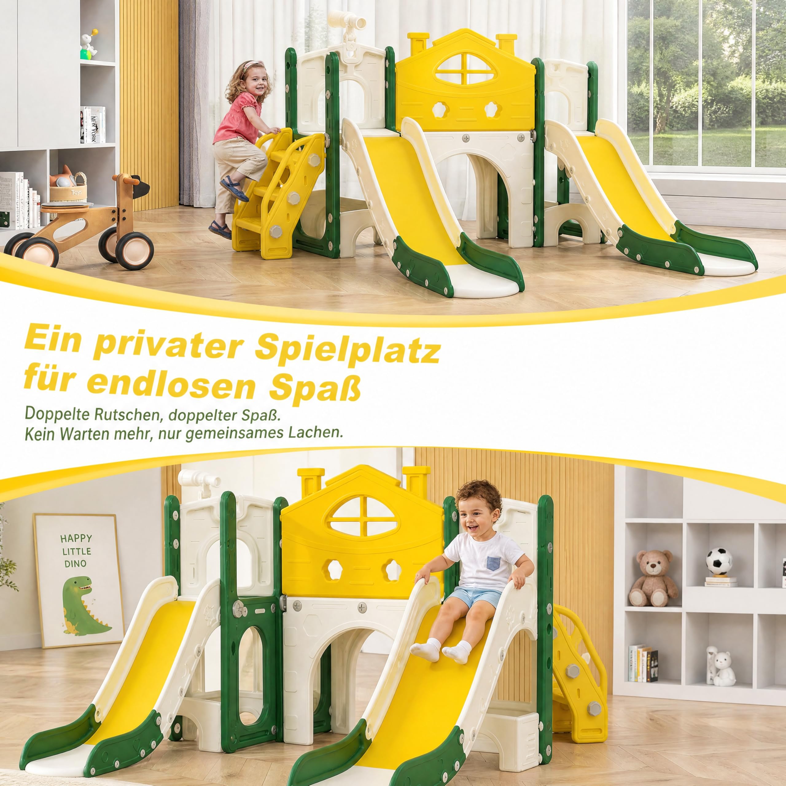 Rutsche für Kinder, 7 in 1, Rutsche für den Außen- und Innenbereich, Rutschenset für Kinder mit Treppe, Rutsche und Tunnel, für Kinder von 1 bis 6 Jahren, Doppelschiene, Gelb