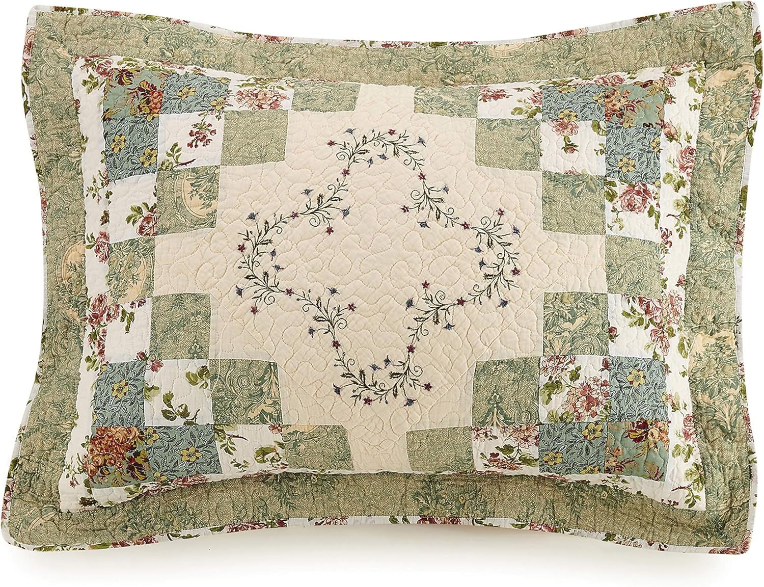 King Green Cotton Embroidered Patchwork Sham