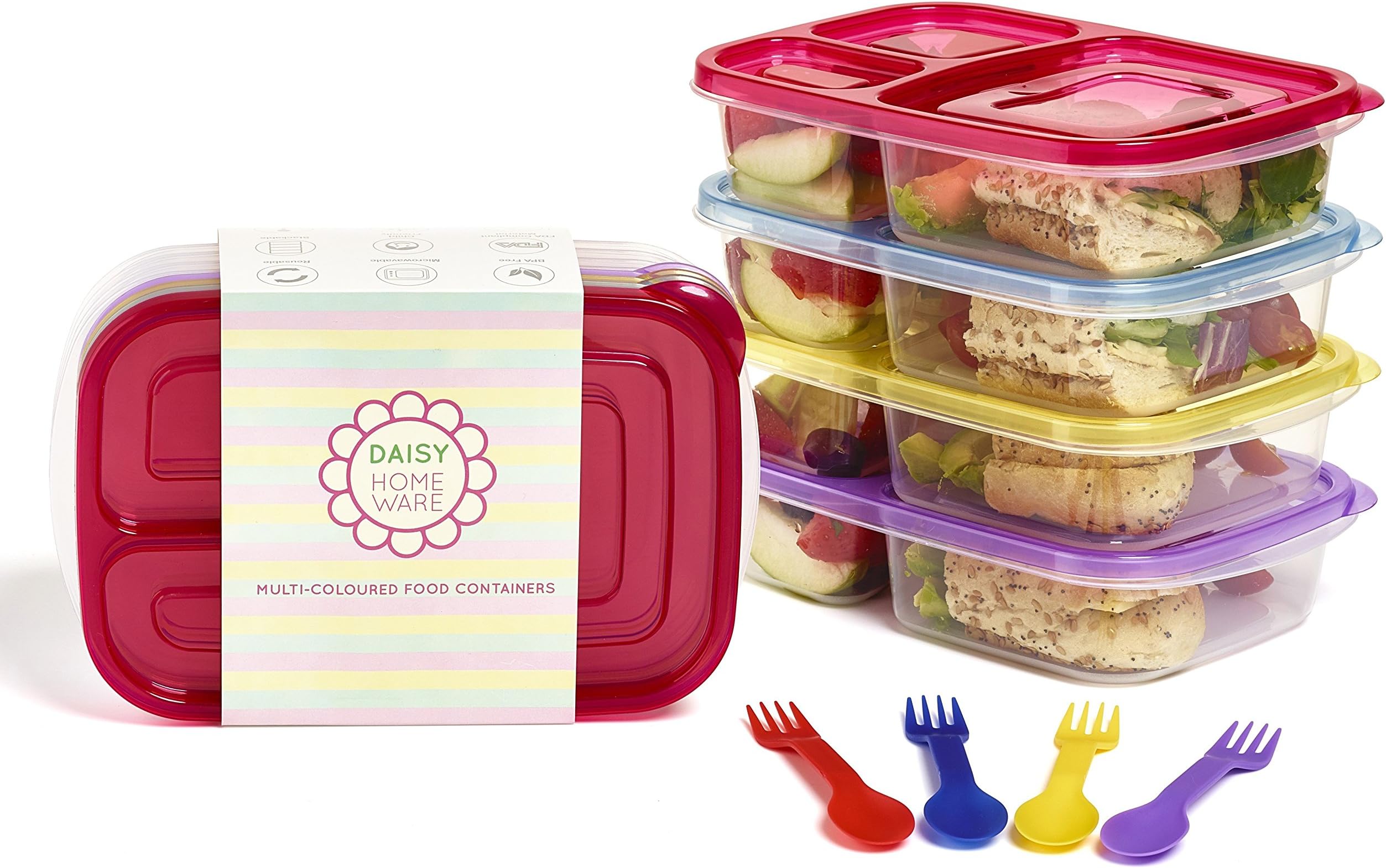 Daisy Homeware multi-coloured 3 compartment lunch boxes with matching spork (spoon and fork in one), microwave and dishwasher safe, reusable, set of 4
