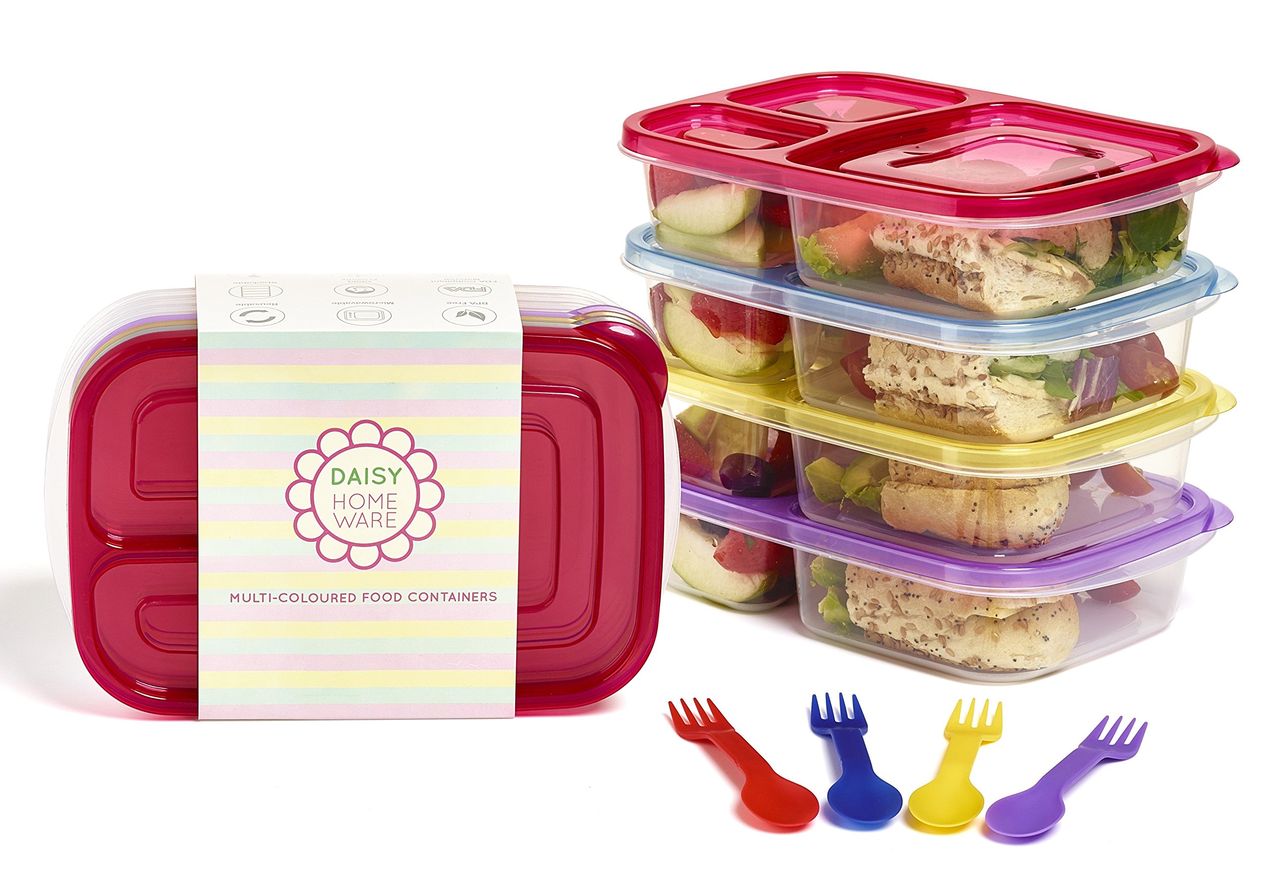 Daisy Homeware multi-coloured 3 compartment lunch boxes with matching spork (spoon and fork in one), microwave and dishwasher safe, reusable, set of 4