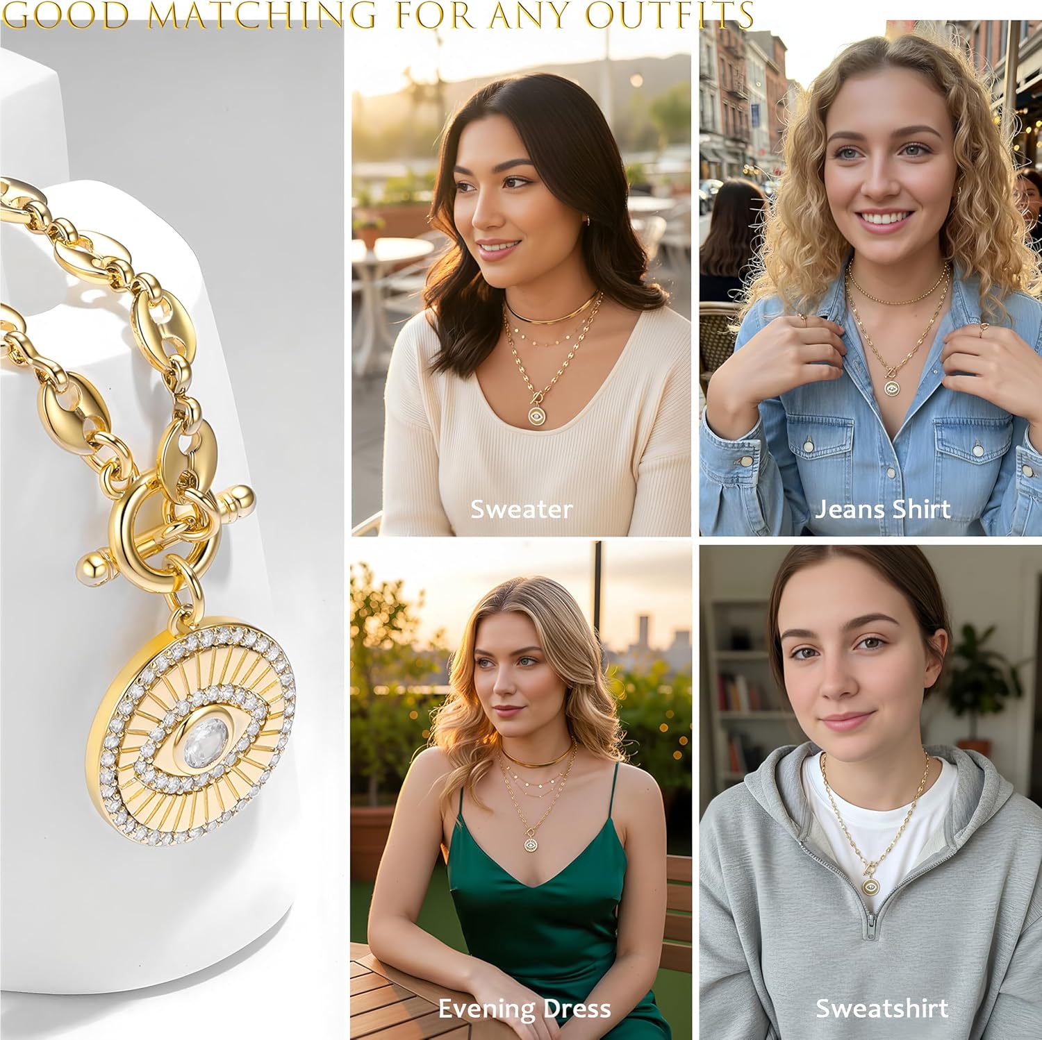 NUZON Sunburst Heart / 2-Tone Interlocking/CZ Evil Eye/Single Pearl/Love Heart Pendant Necklace for Women 14K Gold Chain Necklace Chunky Statement Jewelry - Image 3