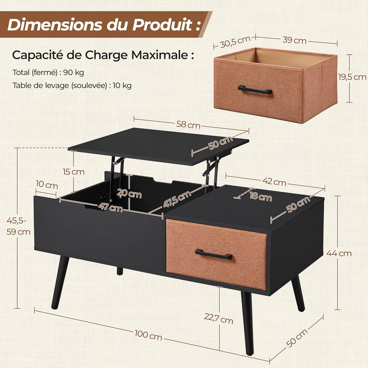 Dimensions and load capacity diagram for the Yaheetech Lift-Top Coffee Table