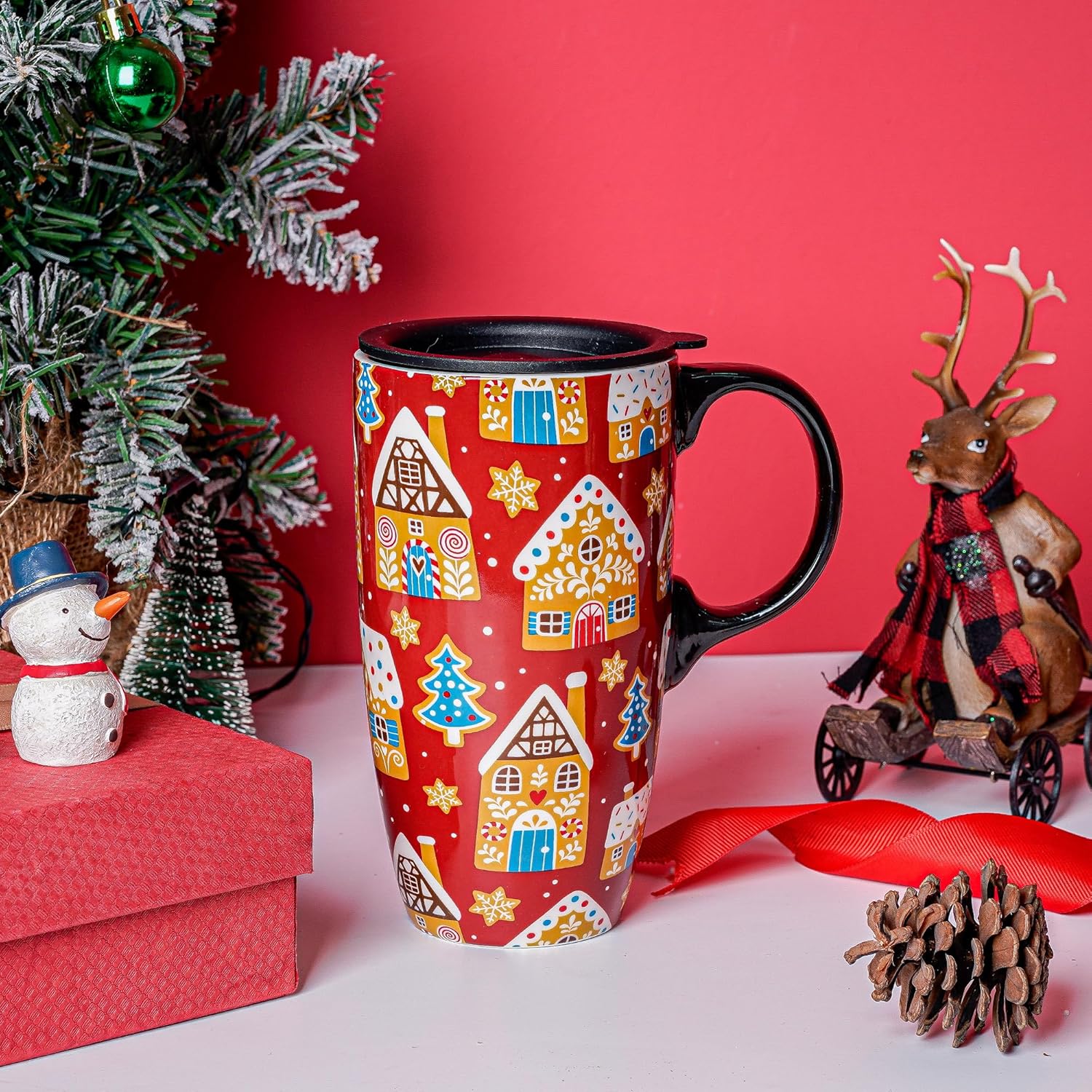 Topadorn Coffee Ceramic Mug Porcelain Latte Xmas Mug With Lid in Present Box 17oz,Gingerbread - Image 9
