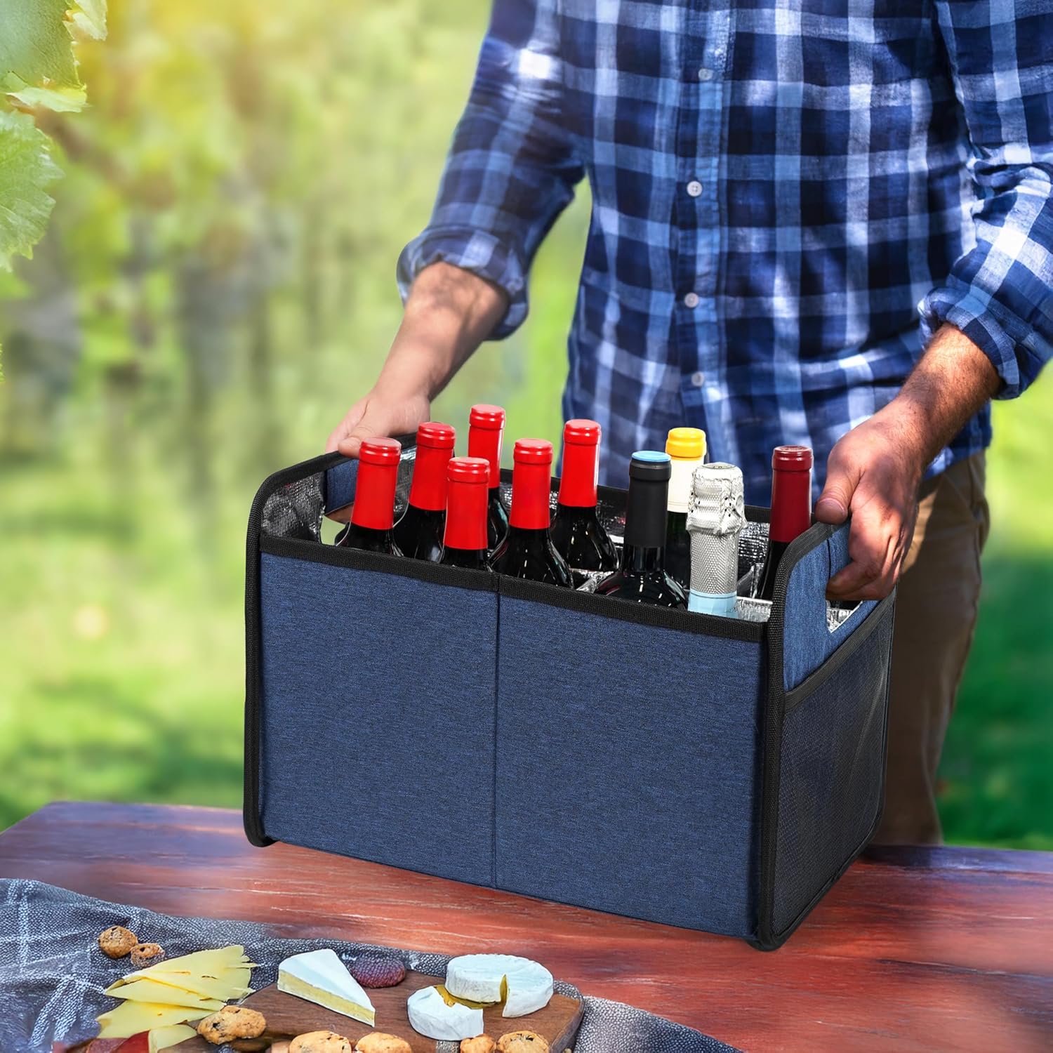 opux 12 Bottle Wine Tote Bag, Collapsible Wine Carrier Caddy Box with Dividers for Moving, Foldable Liquor Bottle Storage Glass Holder, Portable Reusable Wine Storage Box - Navy Blue