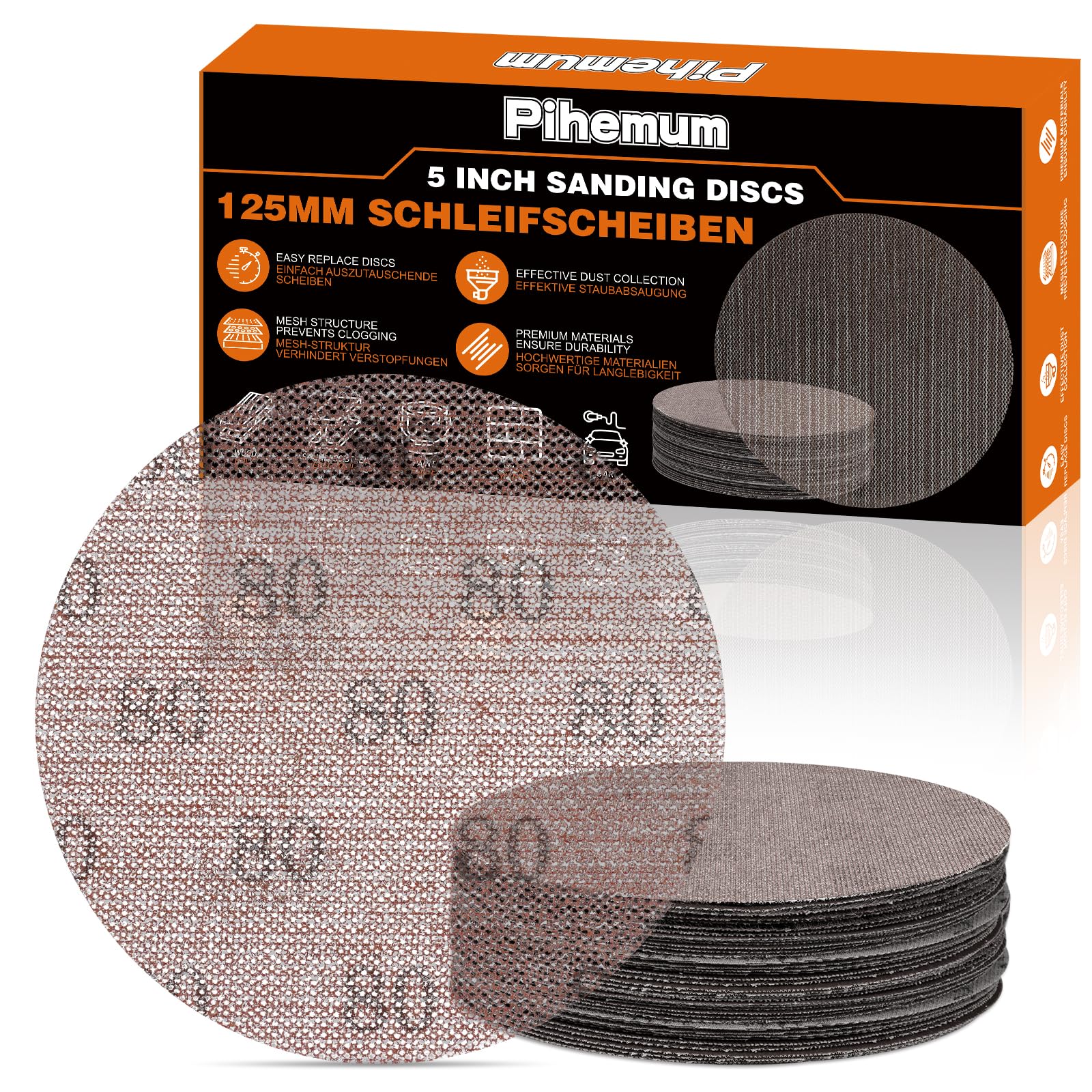 pihemum 50 Pcs 125mm Mesh Sanding Discs 80 Grit Hook and Loop Net Sandpaper for Orbital Sander
