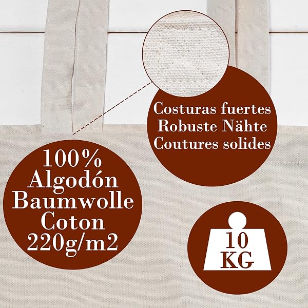 Bolsa Tela Tote Bag - Bolsos Bandolera Mujer - Bolsas de Algodón Natural 100% Reutilizables - Extra Ancho 8cm Asas Largas 70cm 220 gr/m2 - Bolsas de Tela Bonitas - 4