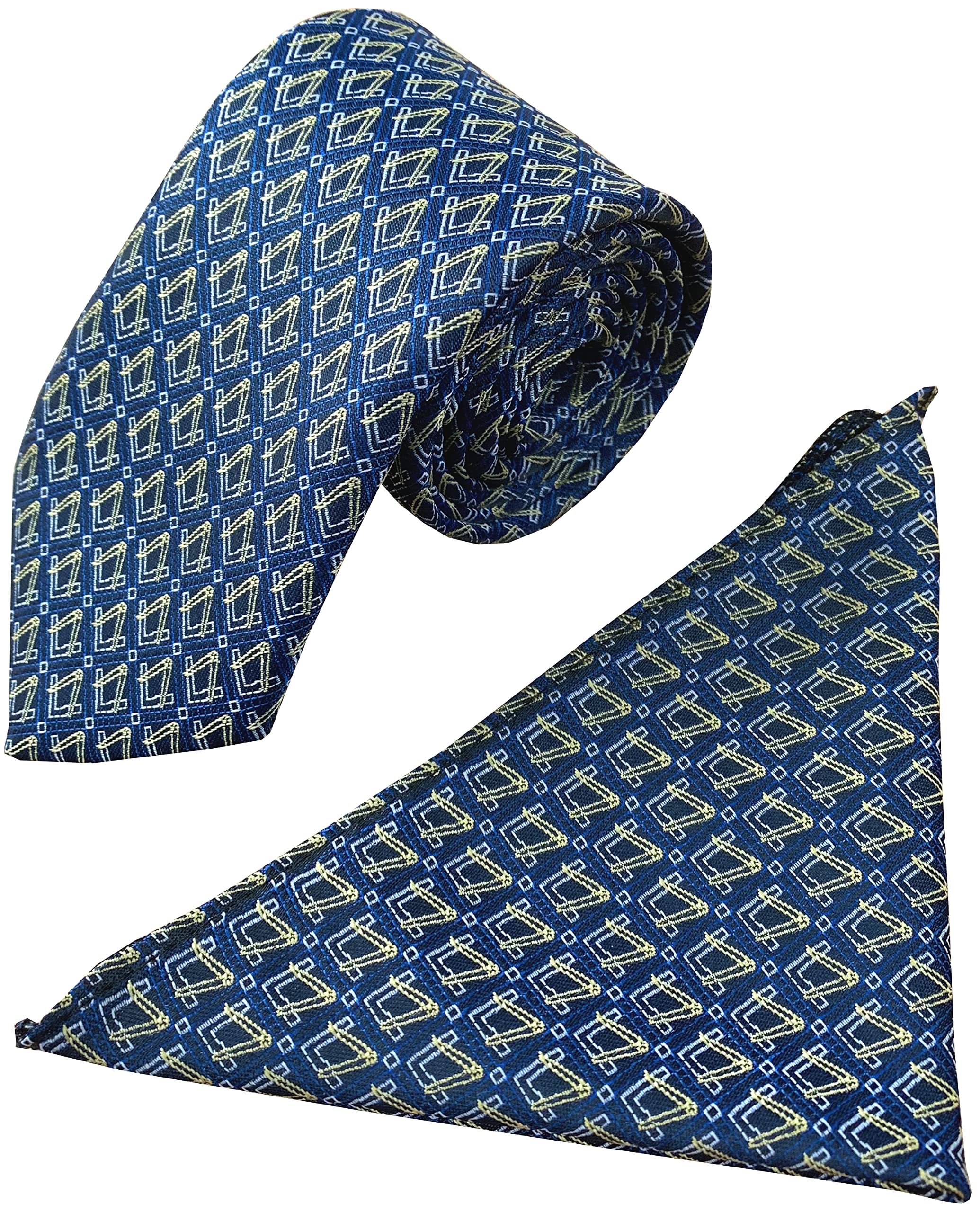 Great British Tie Club Men's Navy Blue, Gold, White Freemasons Masonic Navy Blue Tie & Hanky Set