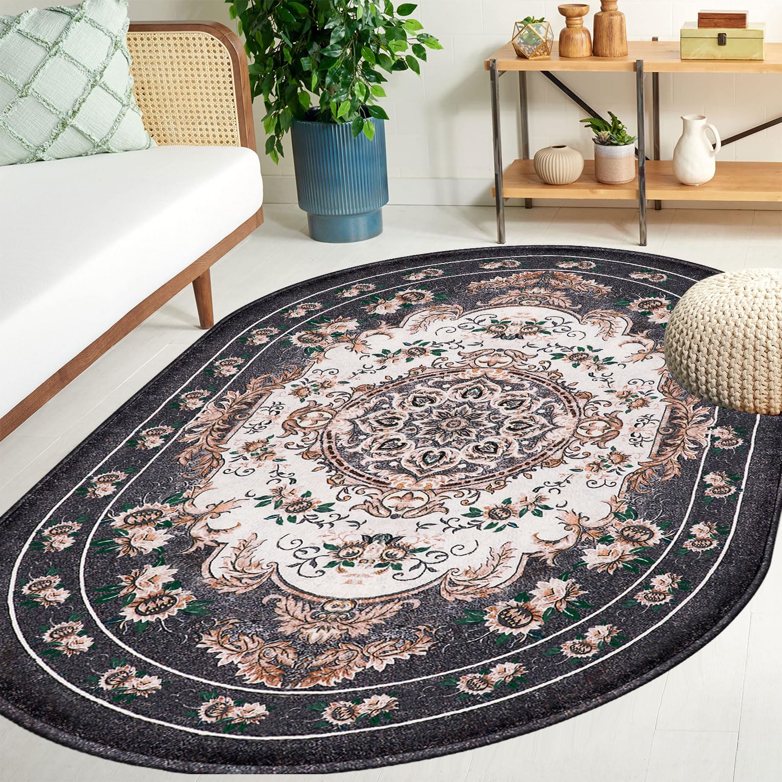 Tribal Area Rug 5'x7', Washable Rug Distressed Soft Faux Wool Oval Rug Bedroom Rug Floor Carpet Grey Throw Mat Non Slip Nursery Rugs for Living Room Kitchen Entryway Dinging Home Decor