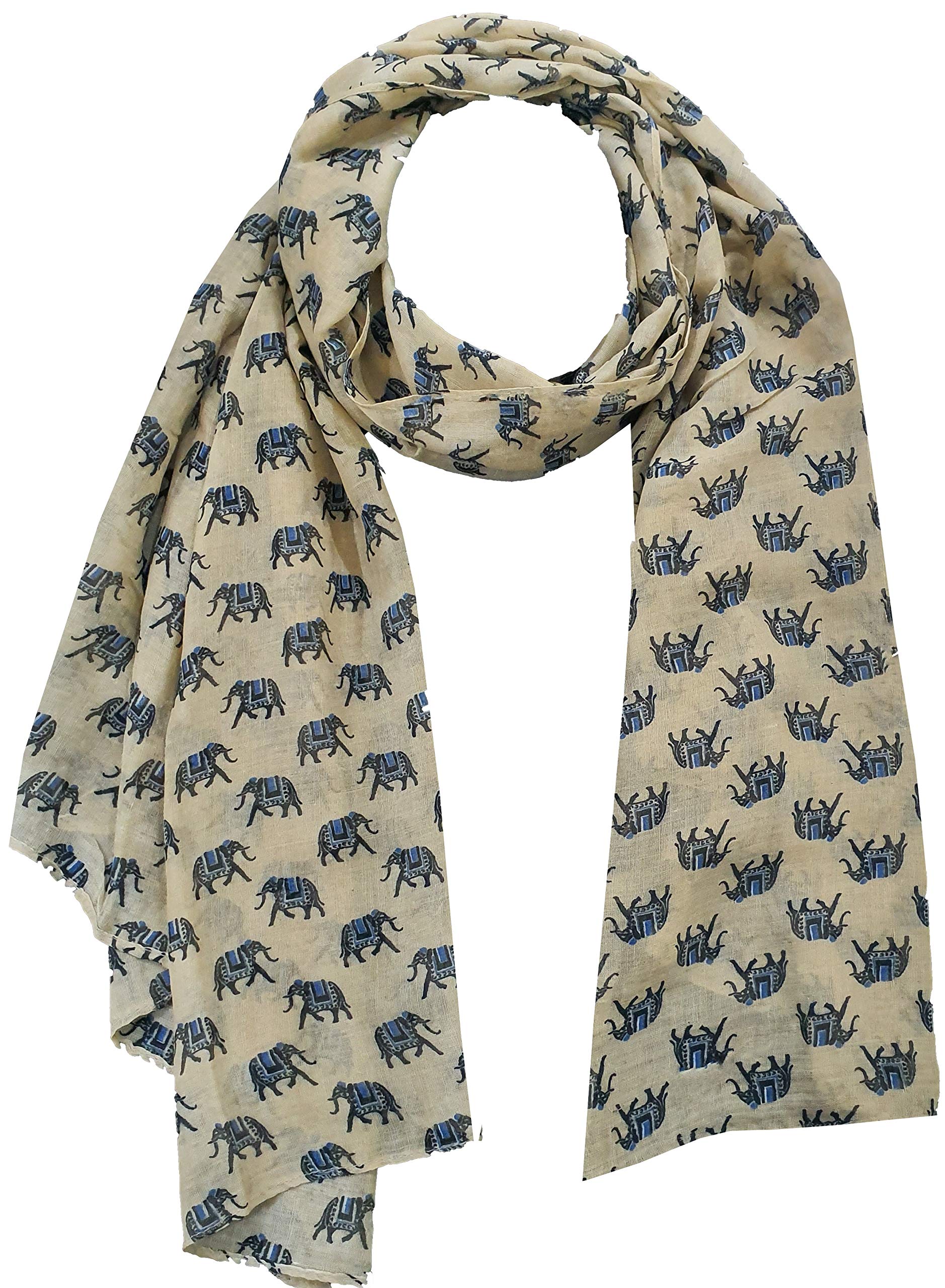 World Of Shawls Women's Indian Elephant Cream/Beige Colorful Scarf With Elephant Print Wraps Shawl Soft Scarves Sarong ()