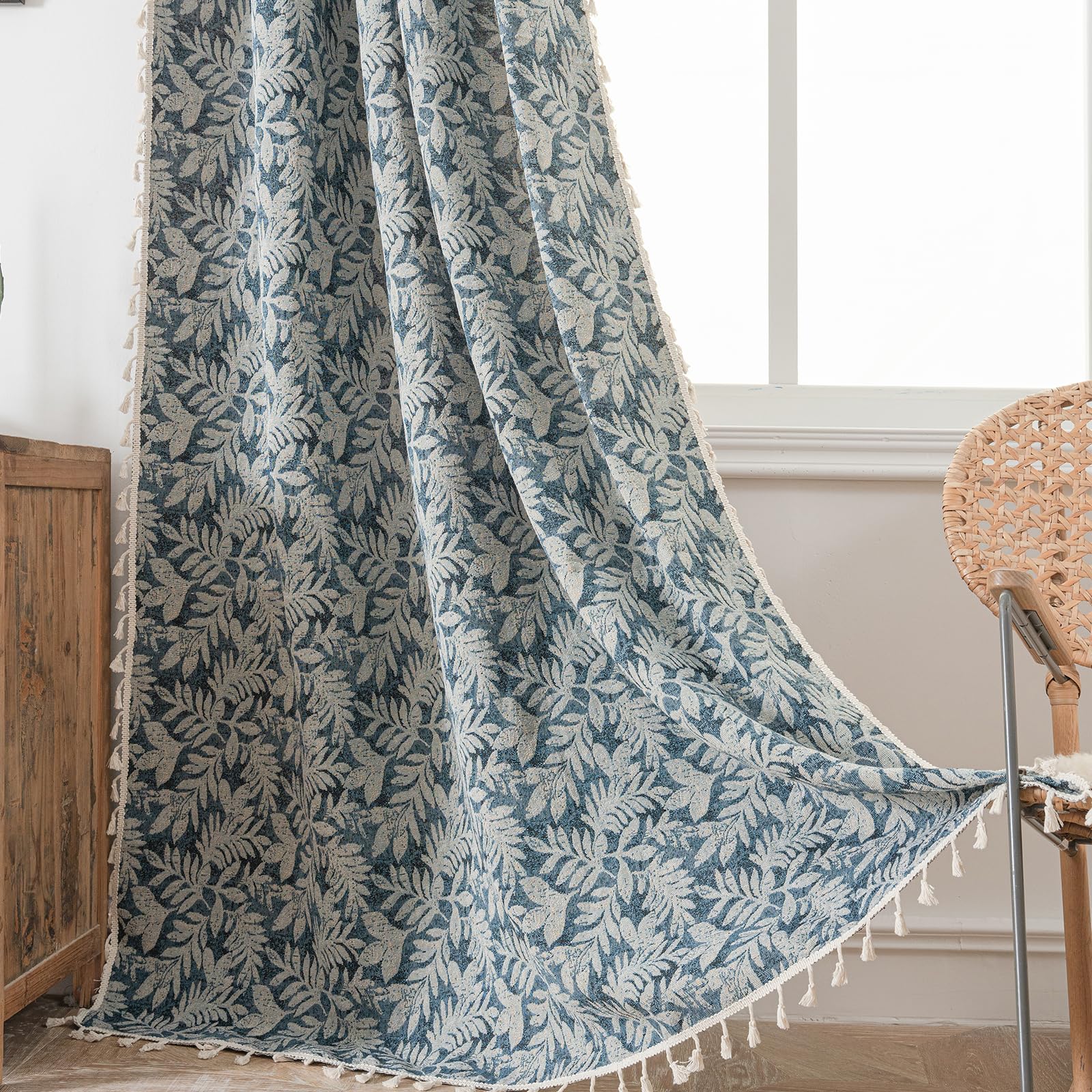 USTIDE Blue Curtains 71 Inch Length Boho Light Filtering Drapes Vintage Jacquard Botanic Window Curtains Semi Sheer Bedroom Living Room Tassel 1 Panel Window Treatments โ image 1