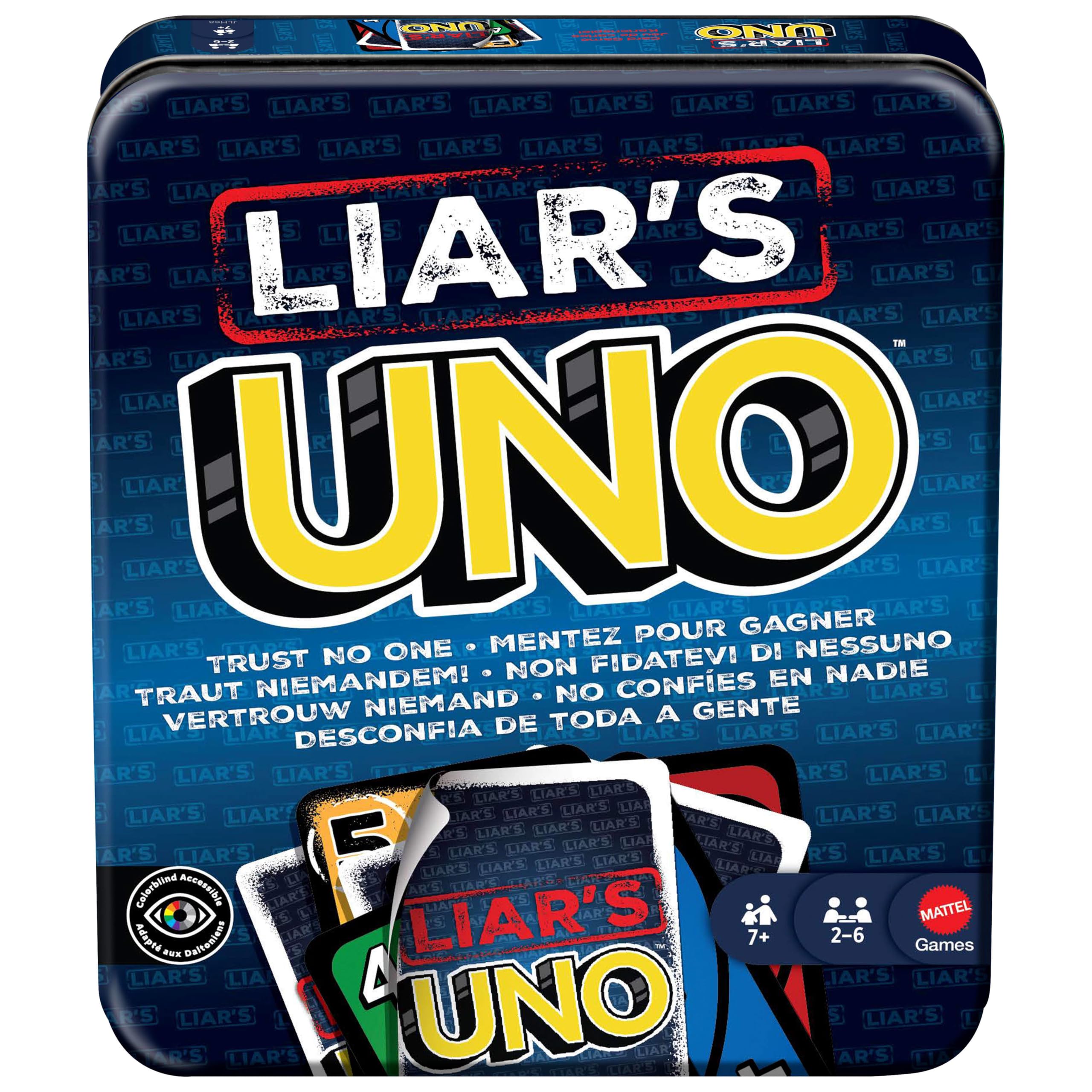 Mattel Games UNO Liar’s gioco di carte in scatola latta, 7+, 2-6 giocatori