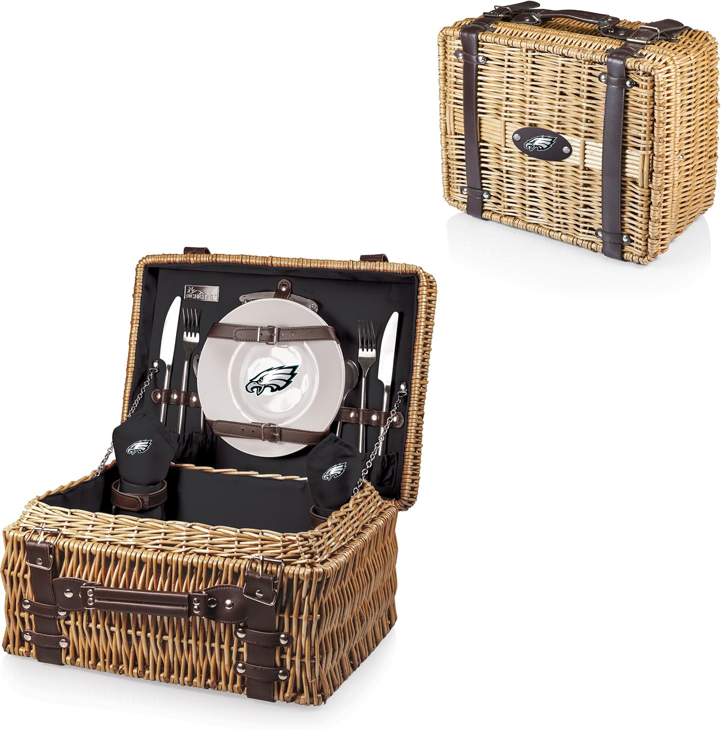 PICNIC TIME NFL Champion Picnic Basket for 2, Wicker Picnic Basket, 2 Person Picnic Set, (Black with Brown Accents)
