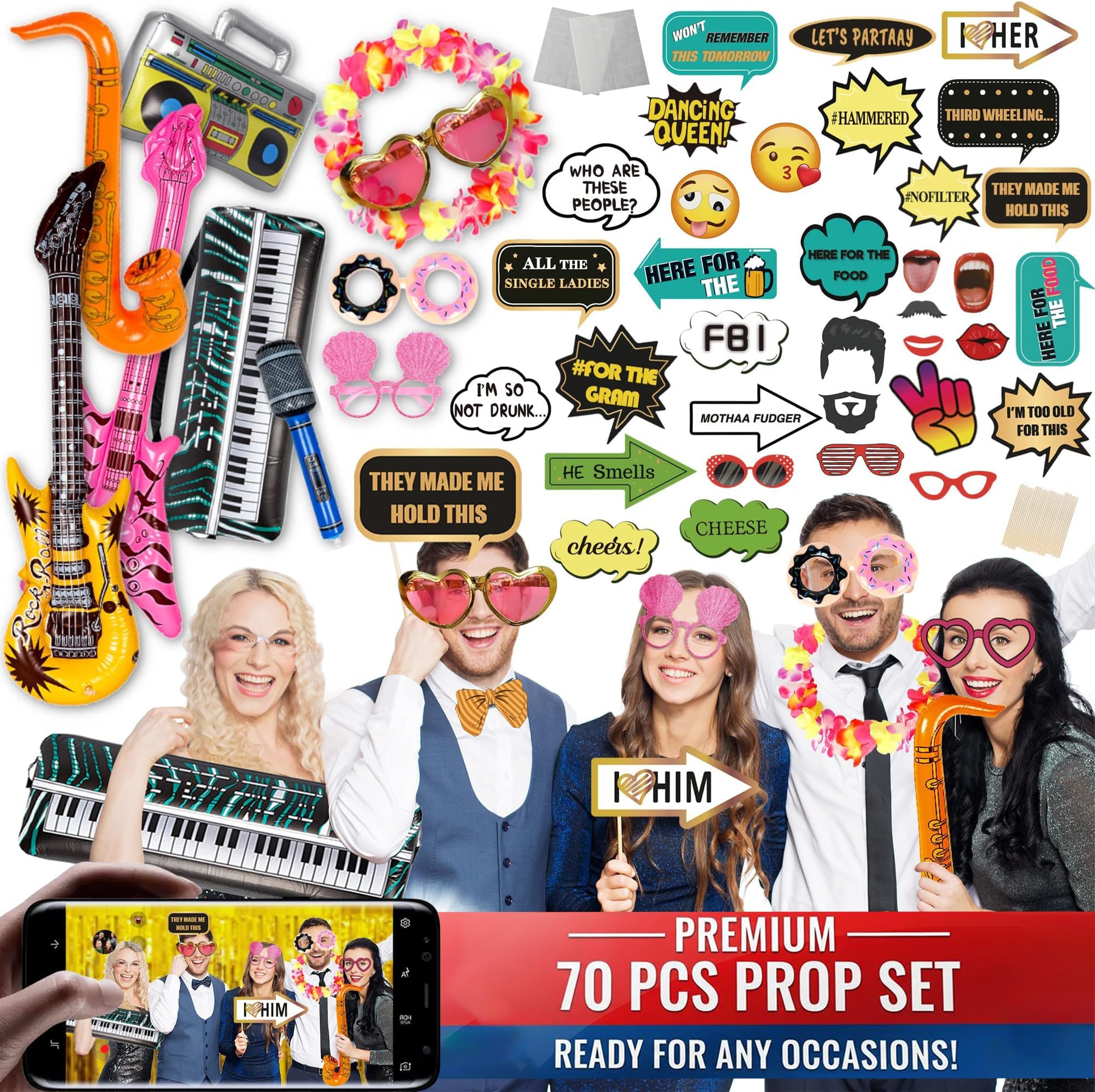 SOUL SHIFT 70 Pc Large Premium Photo Booth Props Set for All Occasions - Wedding Props, Birthday Props, Graduation Prop, Inflatables, Large Glasses, Multi-Colored Wig, Hawaiian Lei, Hand Pump