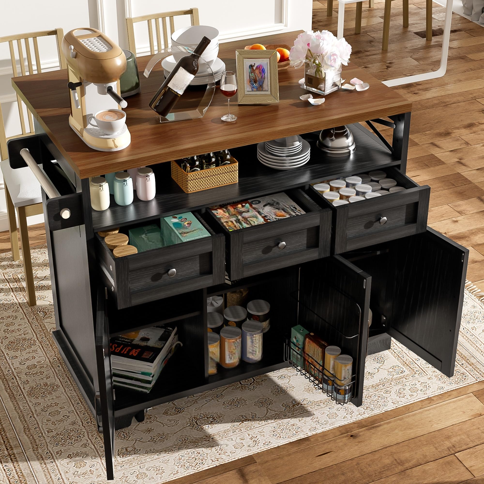 Isla Cocina con Ruedas y Tablero Plegable, Armario de Cocina con 3 Cajones y 3 Puertas, Mueble Auxiliar de Cocina con Toallero y Estante Ajustable, Kitchen Island, 118x43-70x98 cm, Negro