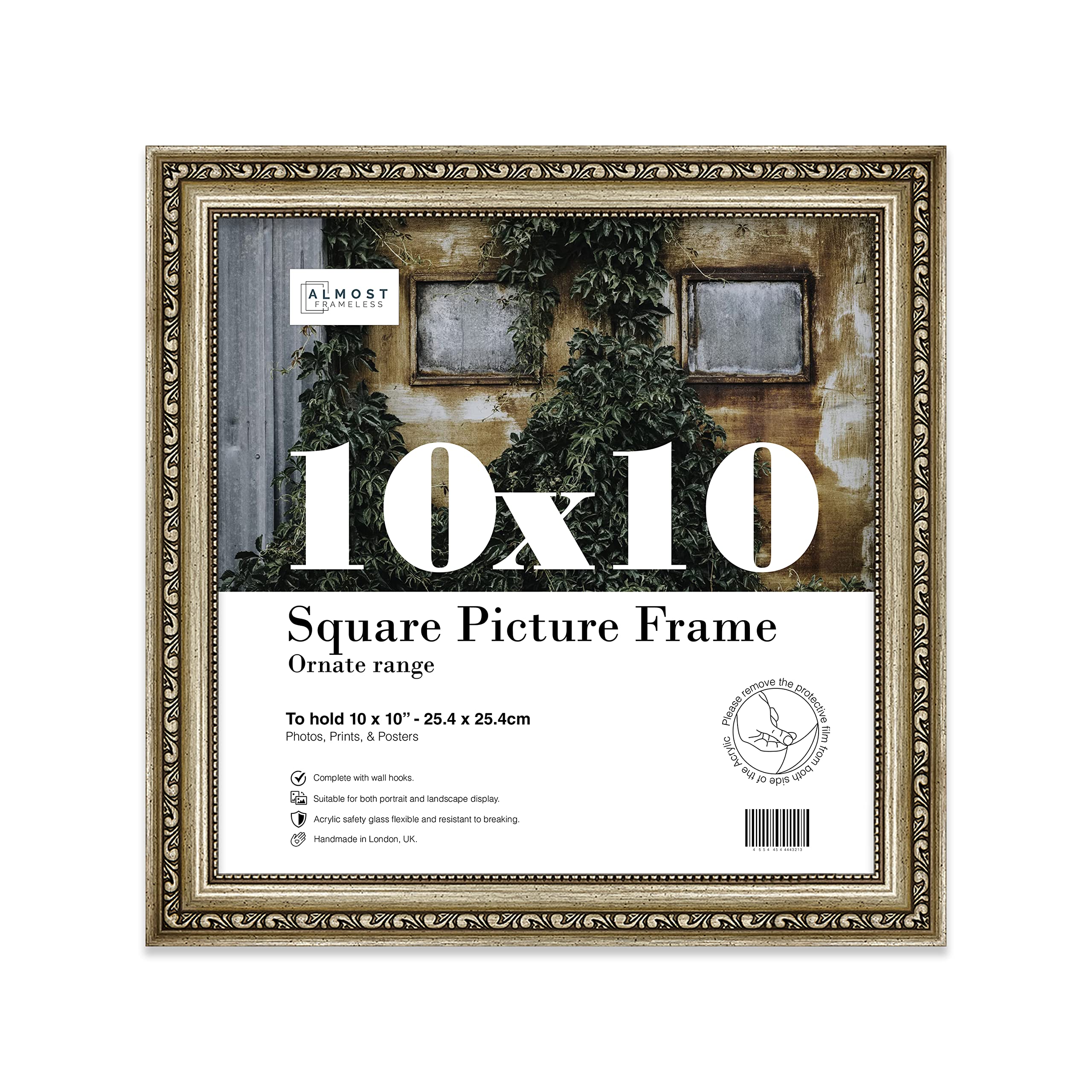 Almost Frameless 10x10 Champaign Ornate Picture Frame 10"x10"(25.4x25.4cm) Poster, Photo, Artwork, or Print. Opulent Style Portrait and Landscape Display with Wall Hooks