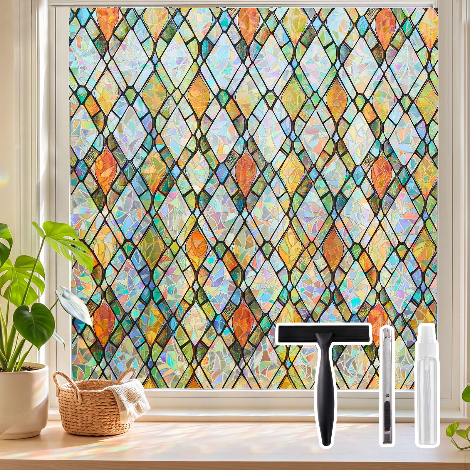 Sunbaby Stained Glass Winodw Film, Rainbow Lattice Stickers, 23.6"x78.7"