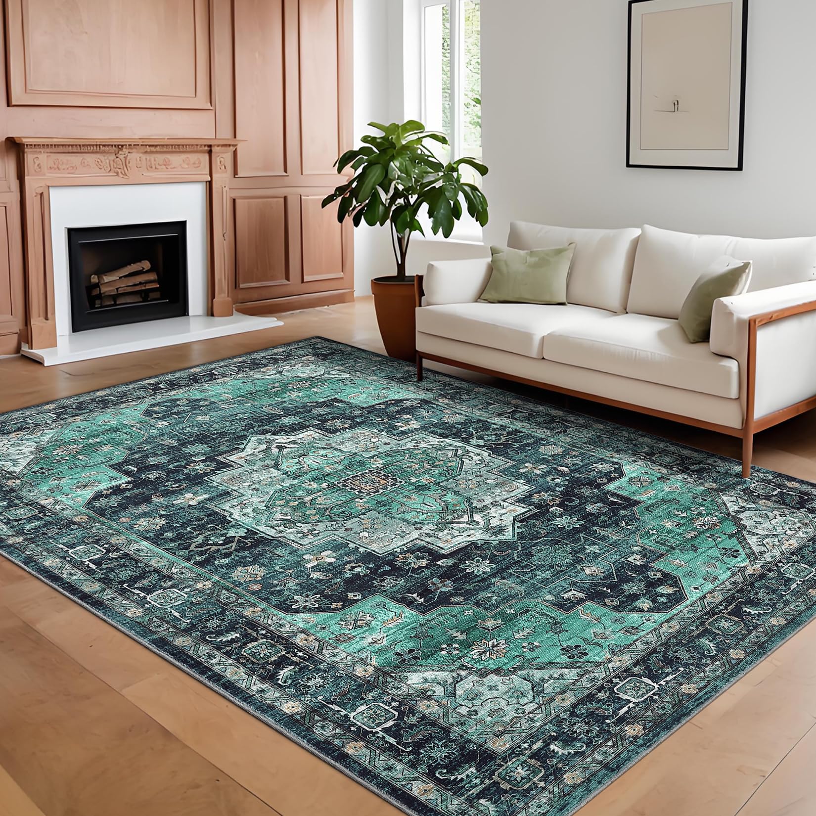 FairyStyle Waschbarer Vintage-Wohnzimmerteppich, 160 x 230 cm Maschinenwaschbar Großer Rutschfester Schlafzimmerteppich Kurzflorig Fleckenabweisend, Türkis