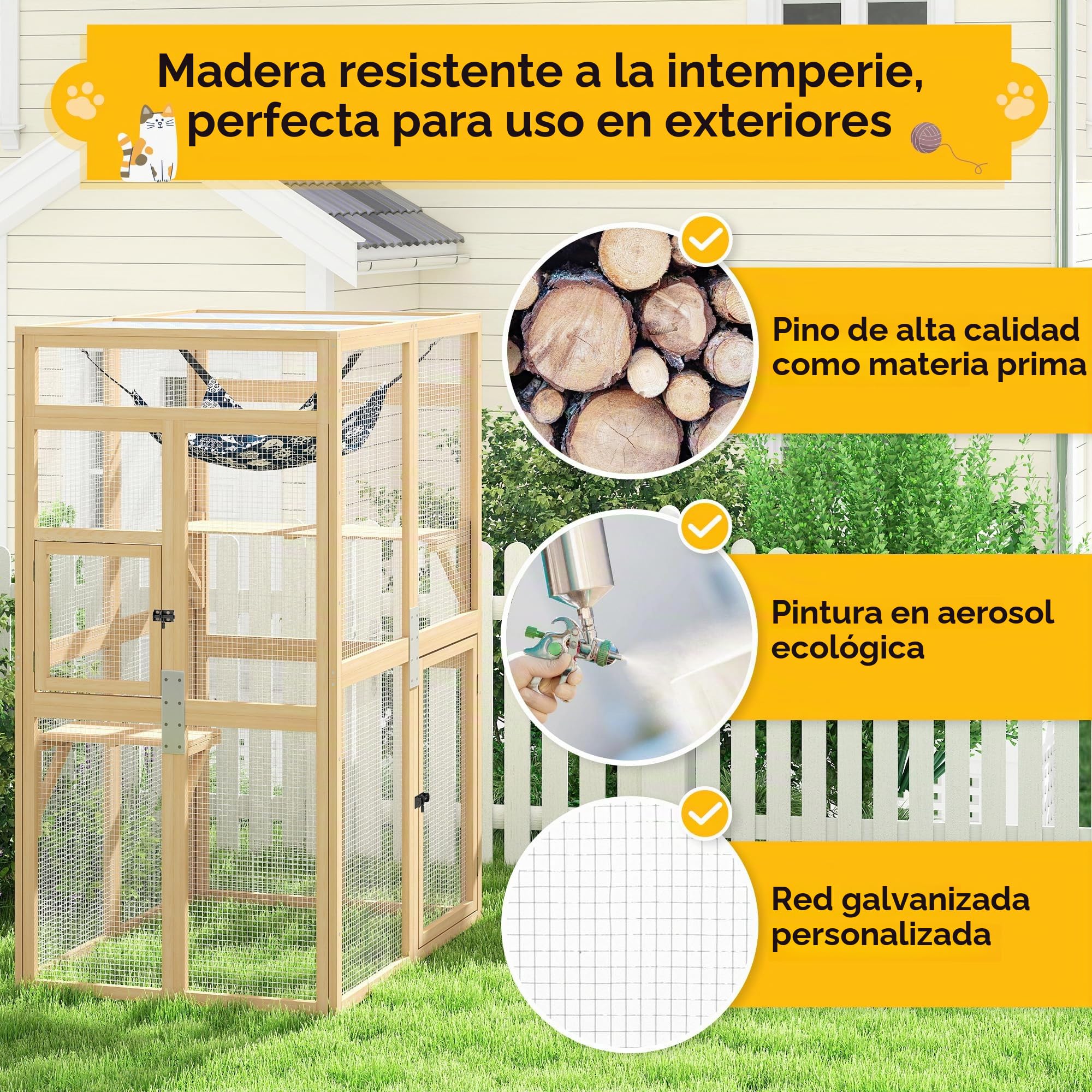 Recinto para gatos de 100 × 85 × 162 cm, resistente a la intemperie, para exteriores, casa para gatos Catio para balcón y jardín, recinto de madera con toldo, 3 niveles y hamaca