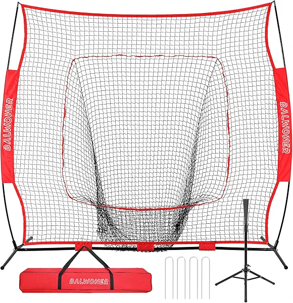 BALWONER 7 x 7 ft Baseball Softball Practice Net Set with Tee and Carry Bag for Batting Hitting and Pitching