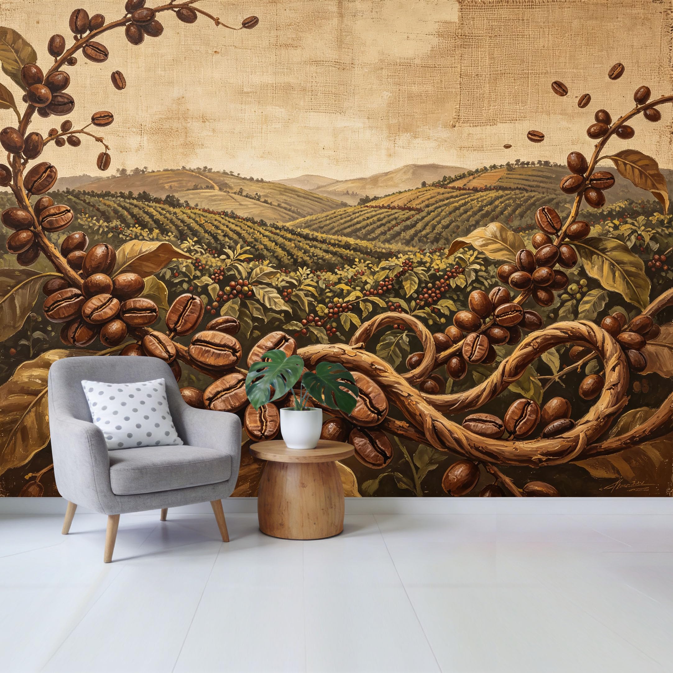Qzlithotic Yq2605250714 Custom Size Wall Mural Coffee Beans Harvest Plantation Landscape Oil Painting Texture Selfadhesive Wall Fabric Removable Wallpaper For Home Office Decor