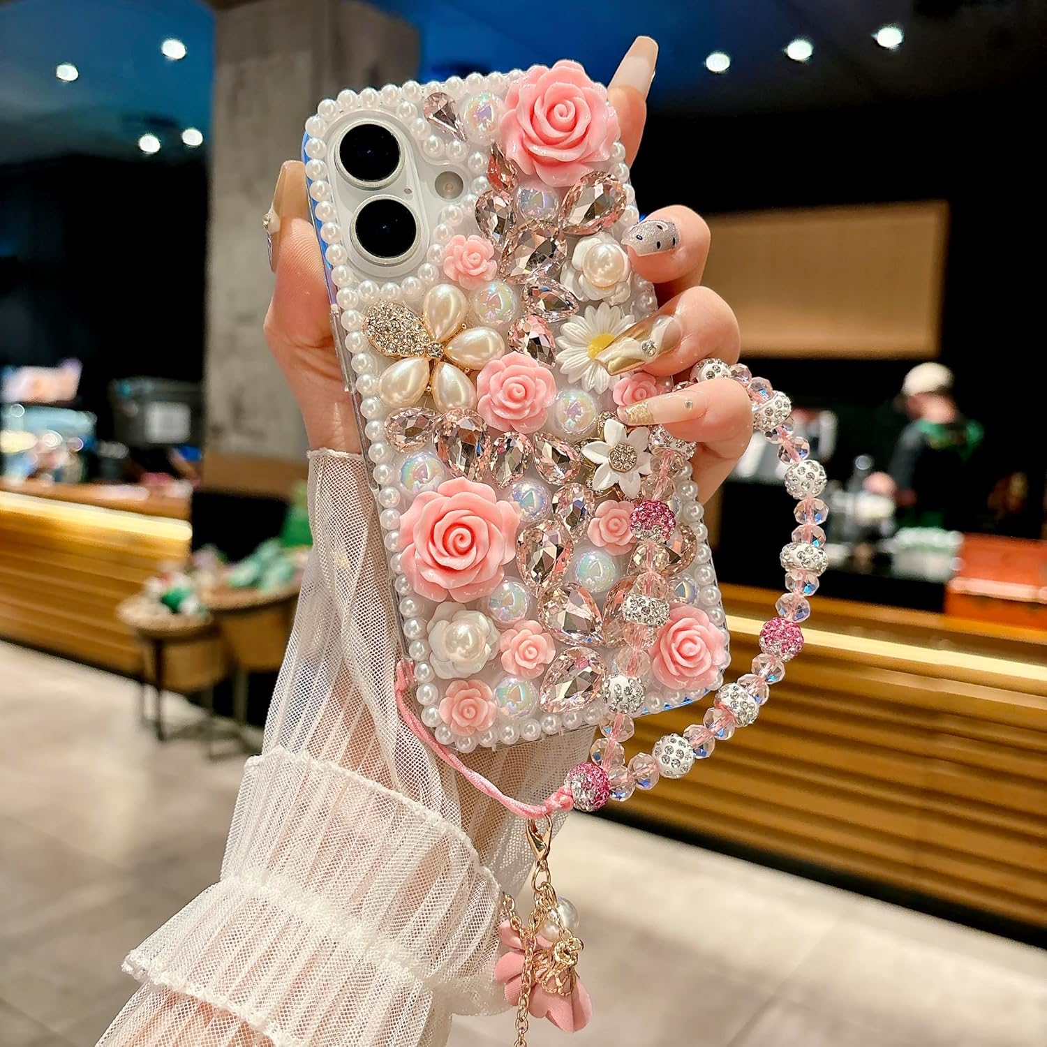 for iPhone 16 Case,Cute Bling Glitter Sparkle Stunning Stones Diamond Rhinestone 3D Handmade Pearl Rose Flower with Wrist Lanyard for Women Girly for iPhone 16 (Pink) - Image 2