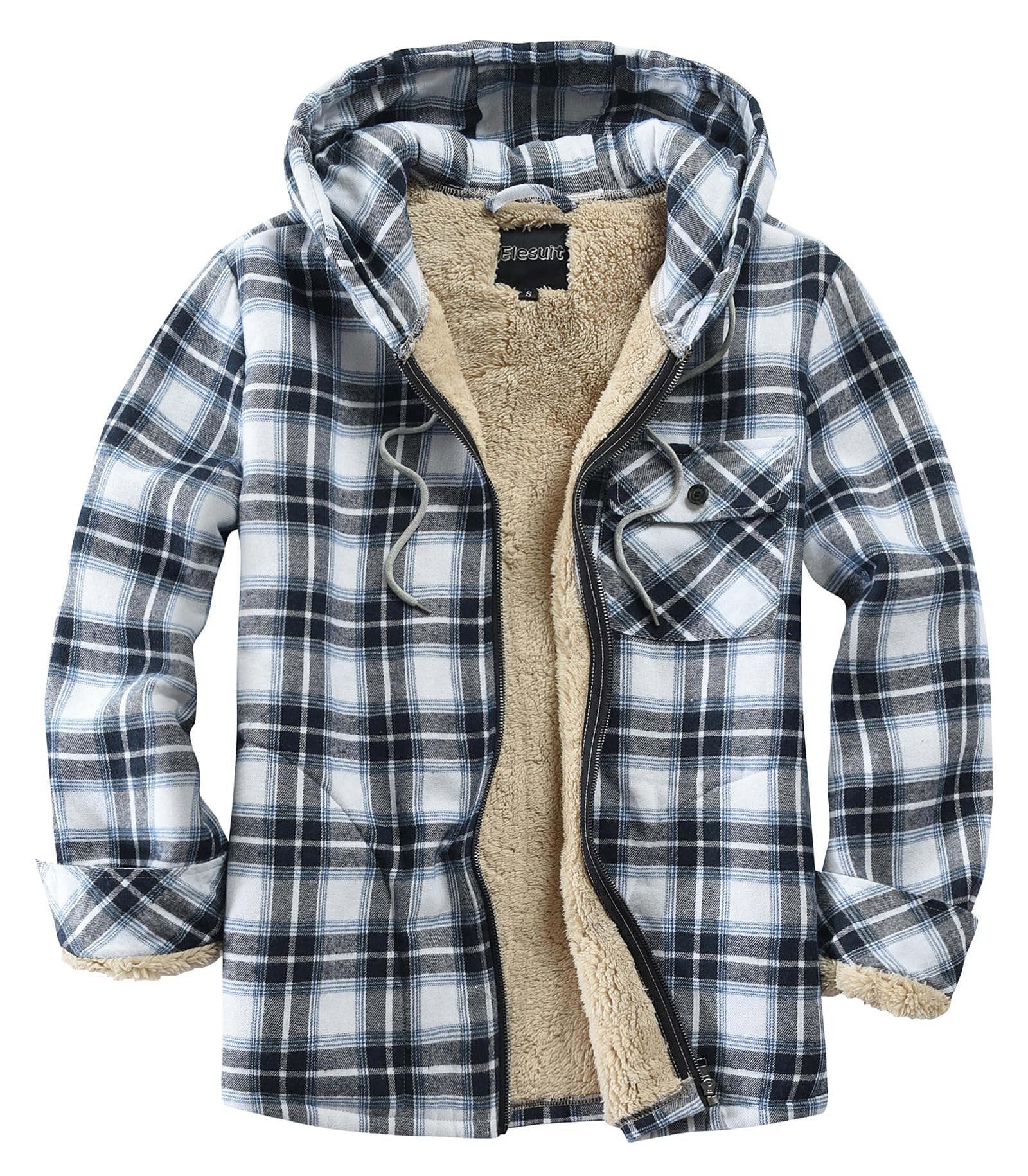 Men's Full Zip Fleece Flannel Jacket Shirt Plaid Cotton Hoodie Coat