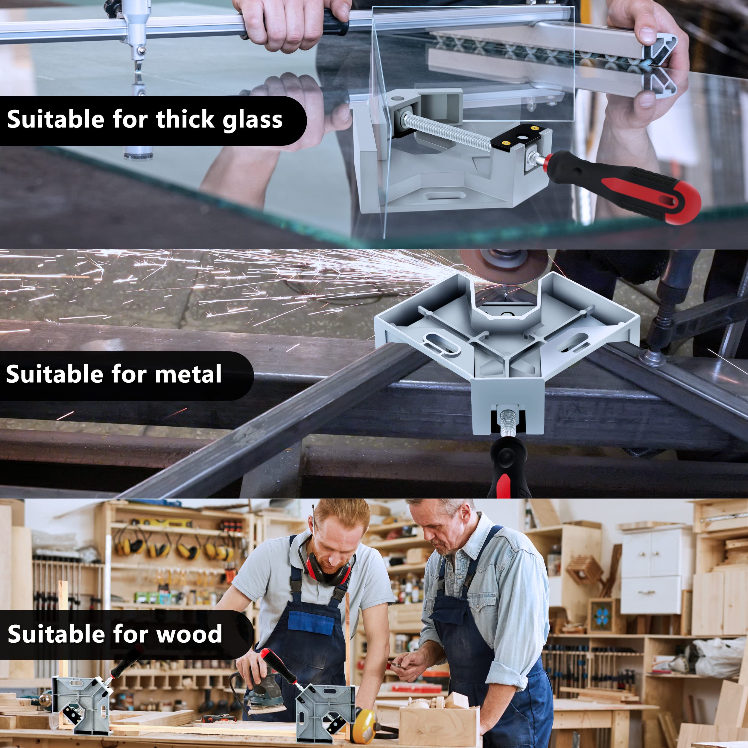 Prrutyics 4pcs Corner Clamp, Right Angle Clamp 90 Degree Corner Clamps for Woodworking with Adjustable Swing Jaw, Single Handle Aluminum Alloy Corner Clamp Tools- Silver Gray