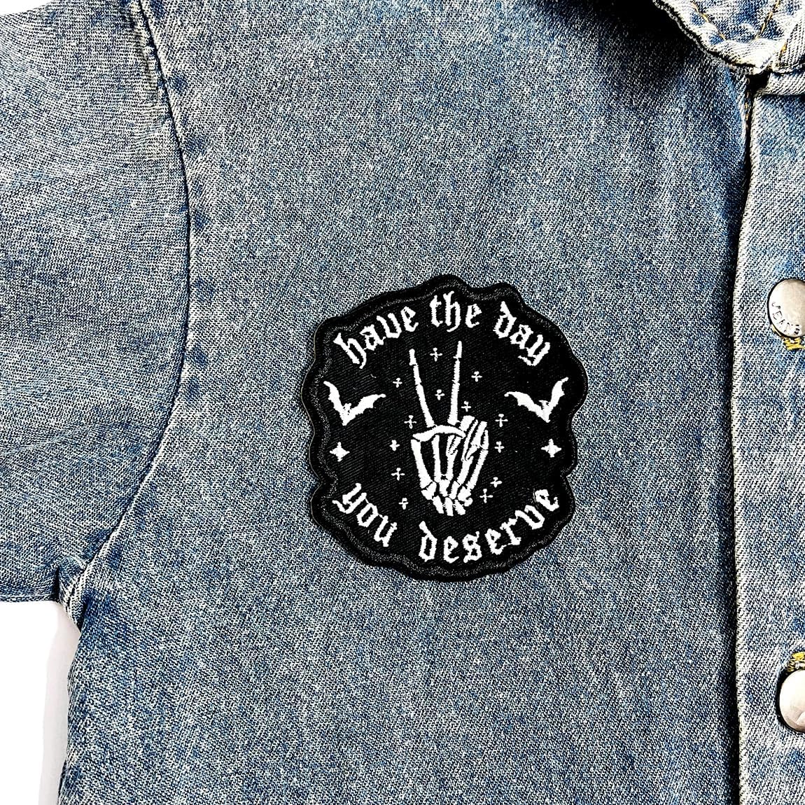 (3Pcs) Have The Day You Deserve Iron-On Embroidered Patch, Black and White Skeleton Design, Set for Jackets, Backpacks, Hats, Vests – 3 Inch