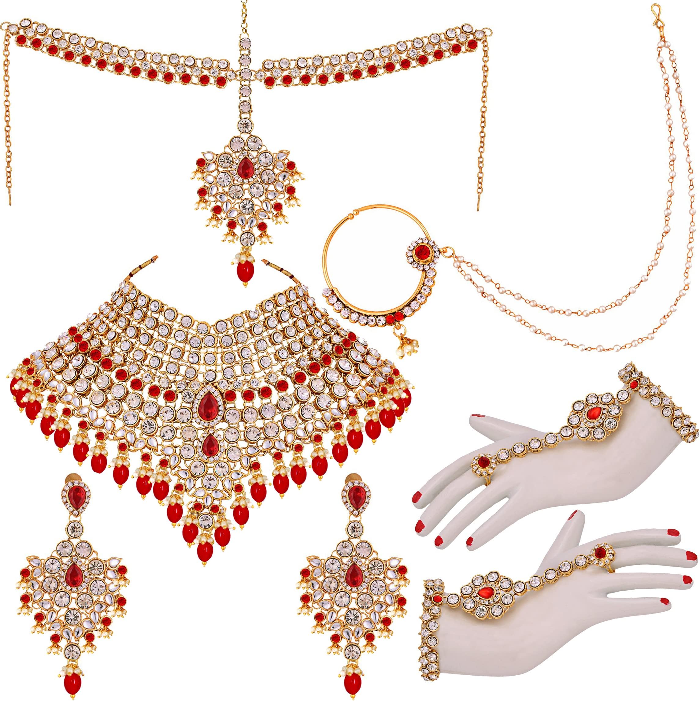 Lucky Jewellery Wedding Designer Gold Plated Dulhan Choker Bridal Set with sheeshpatti for Girls & Women (2475-L1ZS-KD124-), one size, Gold, Cubic Zirconia