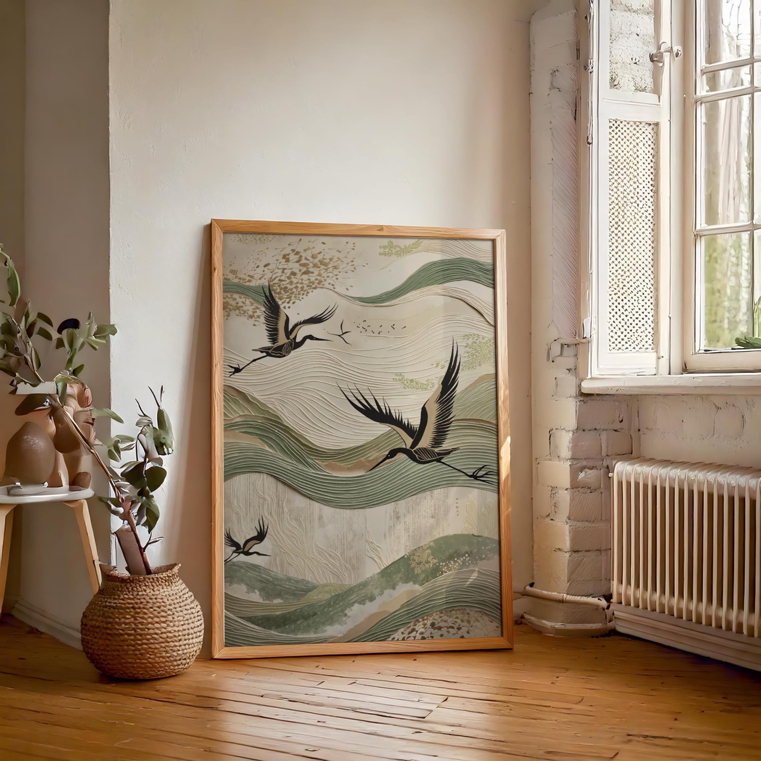 ZHAOLIN Wabi Sabi beżowa i szałwiowa zieleń, japońska sztuka żurawia, minimalistyczny nadruk Japandi, sztuka ścienna, fale, 40 x 60 cm, rama wewnętrzna