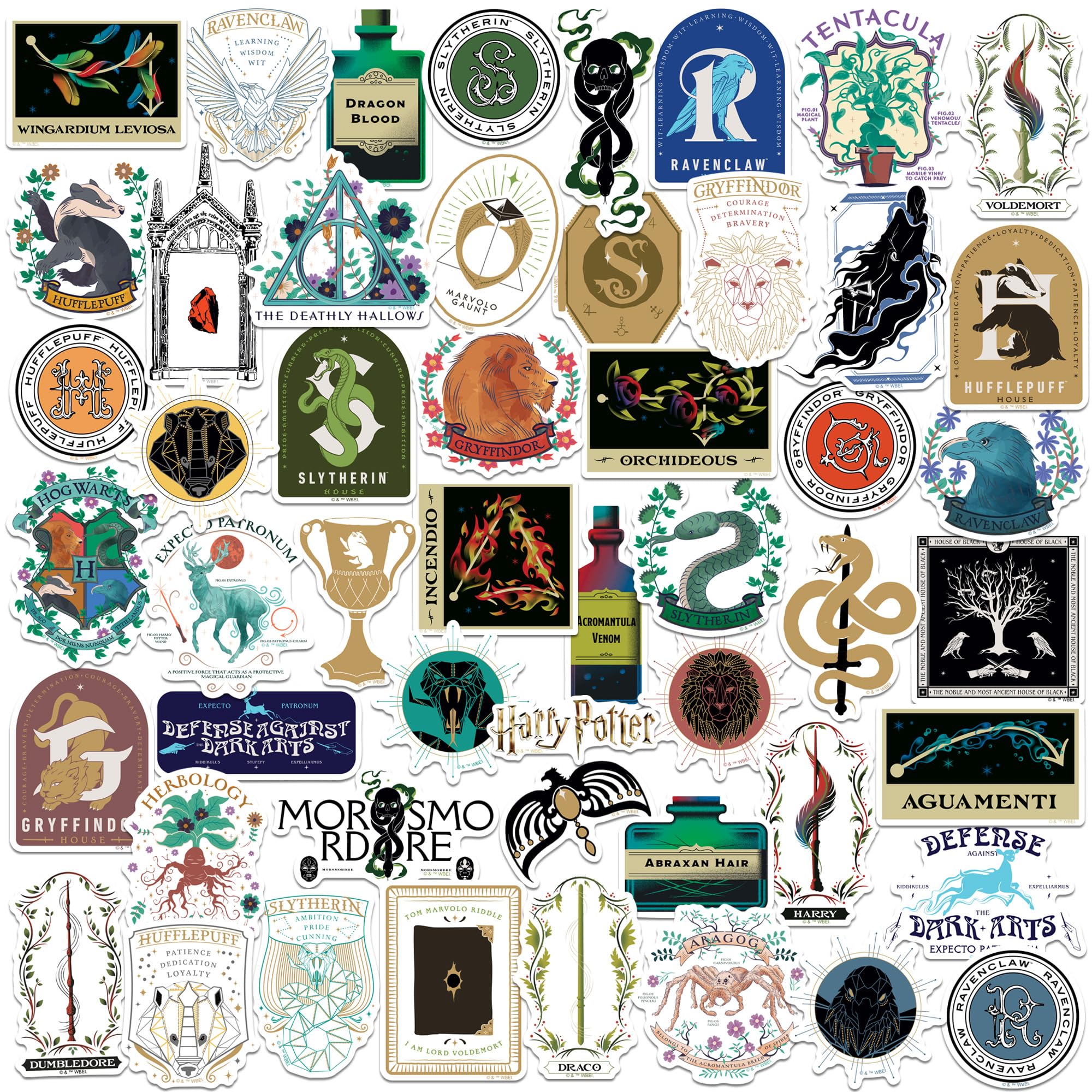 Harry Potter Wizarding World Lifestyle Theme 50ct Vinyl Decals – Magical Symbols, Potions, Spells & Iconic Designs for Laptop, Water Bottle,