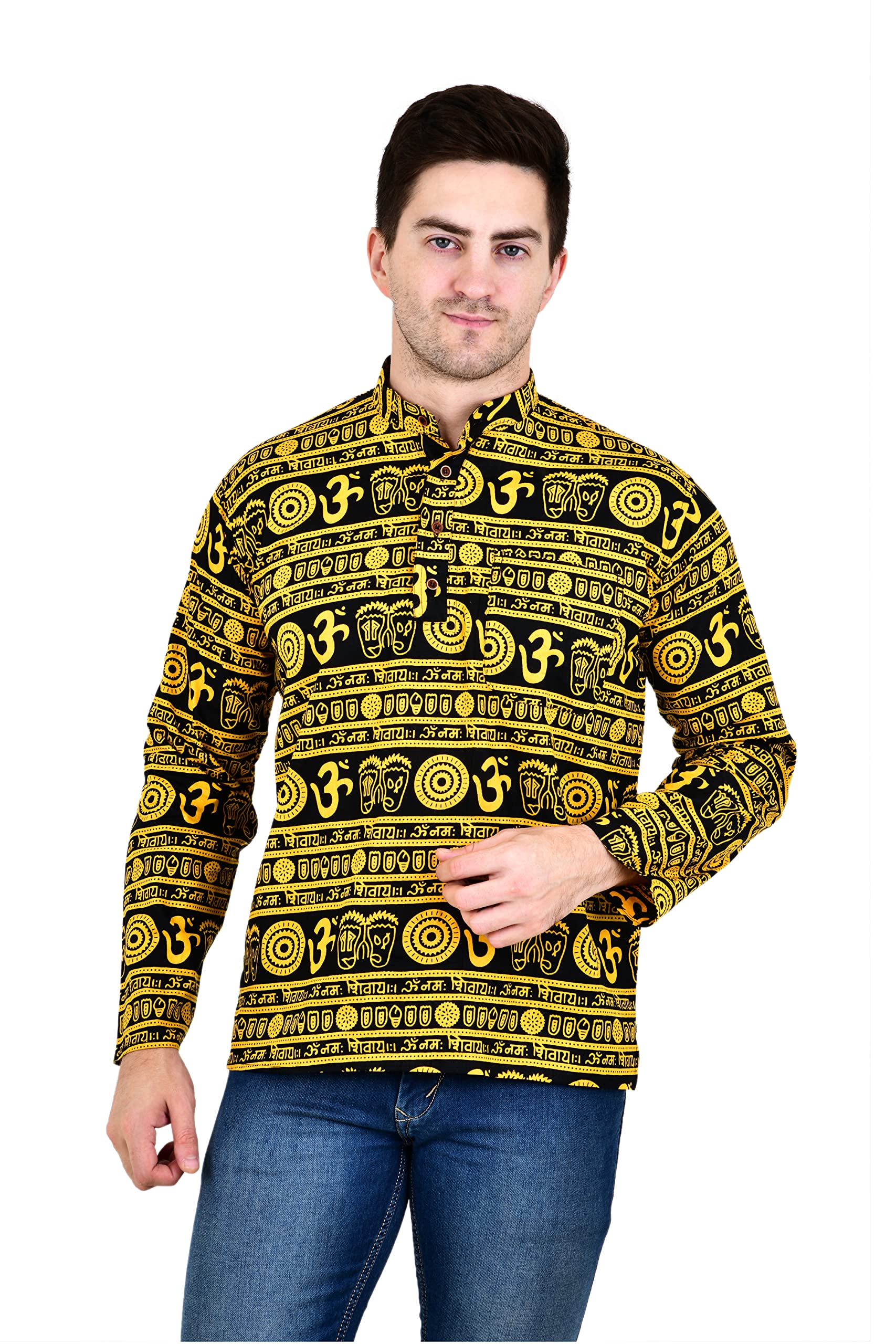ldhsati Men's Cotton Solid Casual Straight Short Om (Shree Radha Krishna ji) Printed Kurta for Men (Man's) Man Traveling Kurta, Kurta for Events-picture-27
