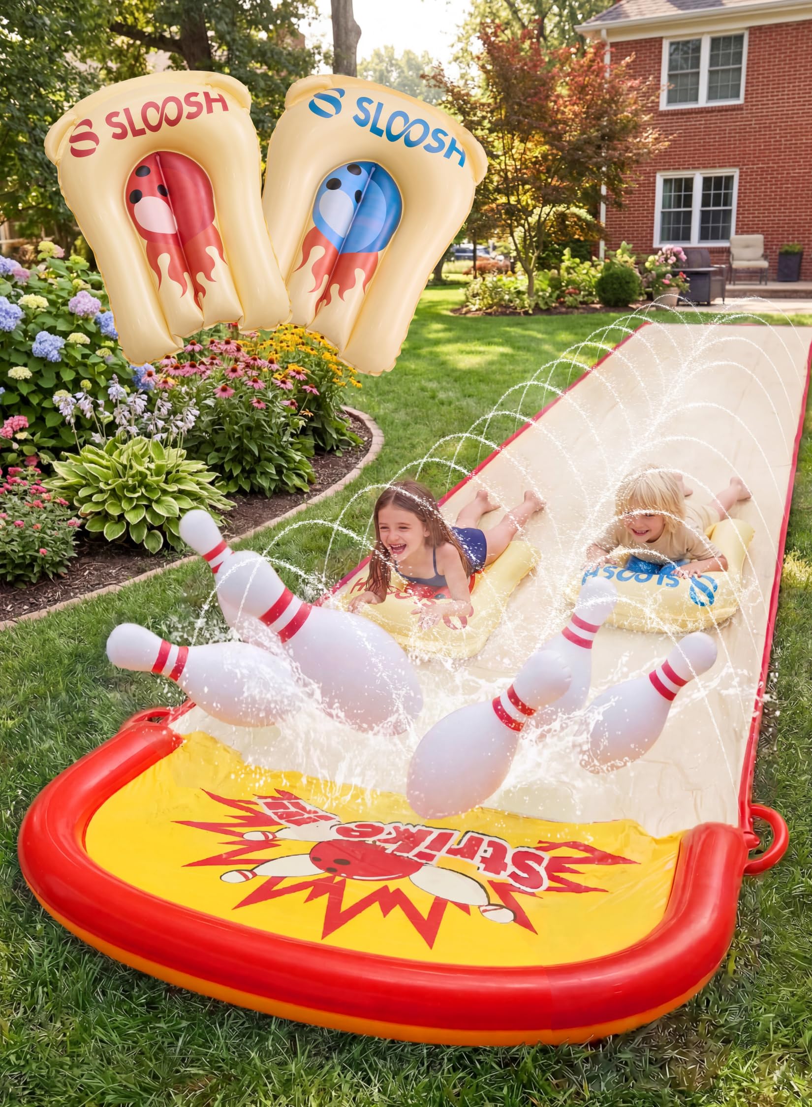 Sloosh Tobogán acuático de jardín de 6,7 m (22 pies) con Juego de Bolos inflables, Doble Carril con aspersores, tobogán para césped para divertirse al Aire Libre