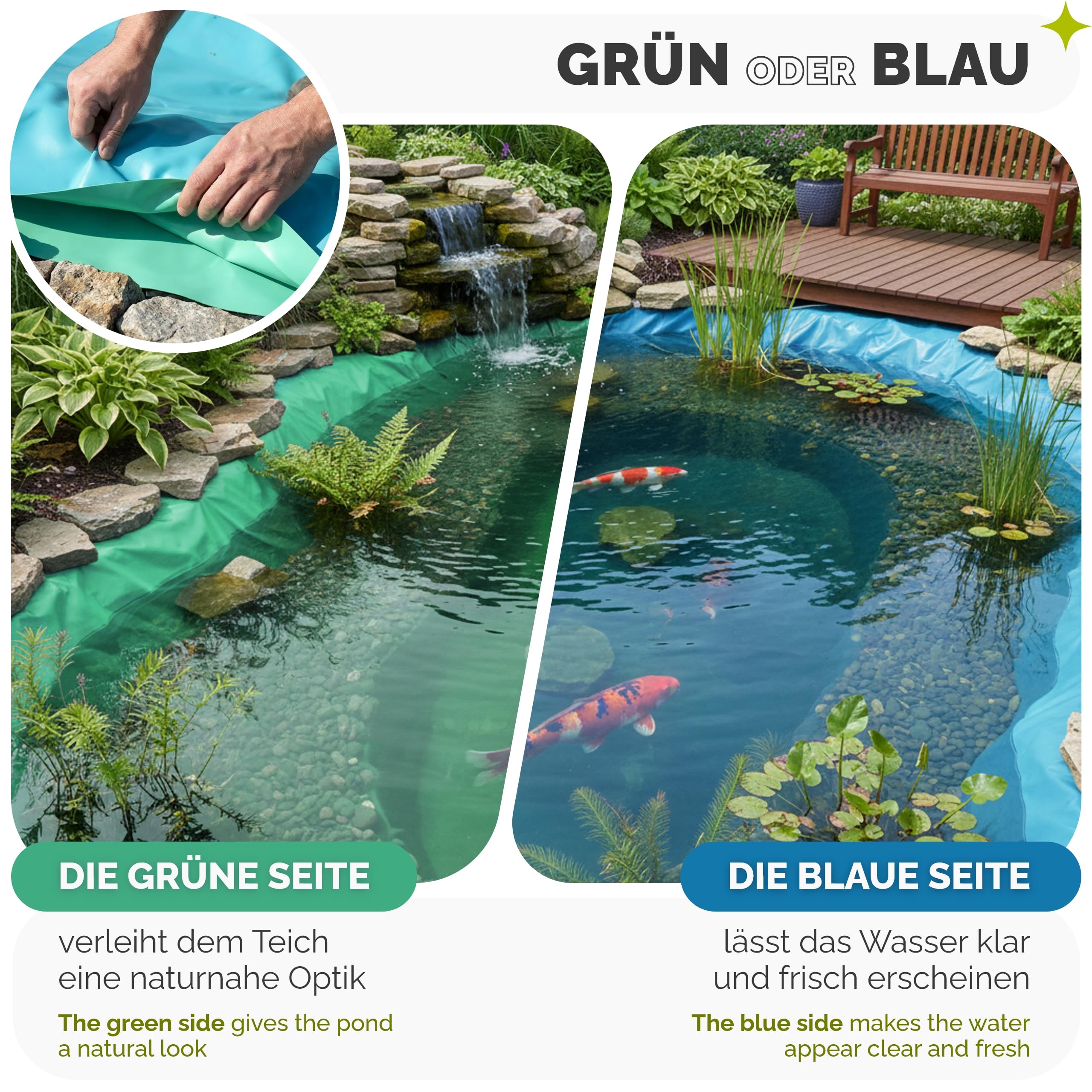 Garronda Teichfolie 6x5m (30m²) PE 0,5 mm Stärke - Gartenteich Fischteich Bachlauf UV-beständig 3-lagig wasserdichte Teich Folie für Wassergarten Brunnen Teichbecken Teichplane Blau-Grün GD-0223
