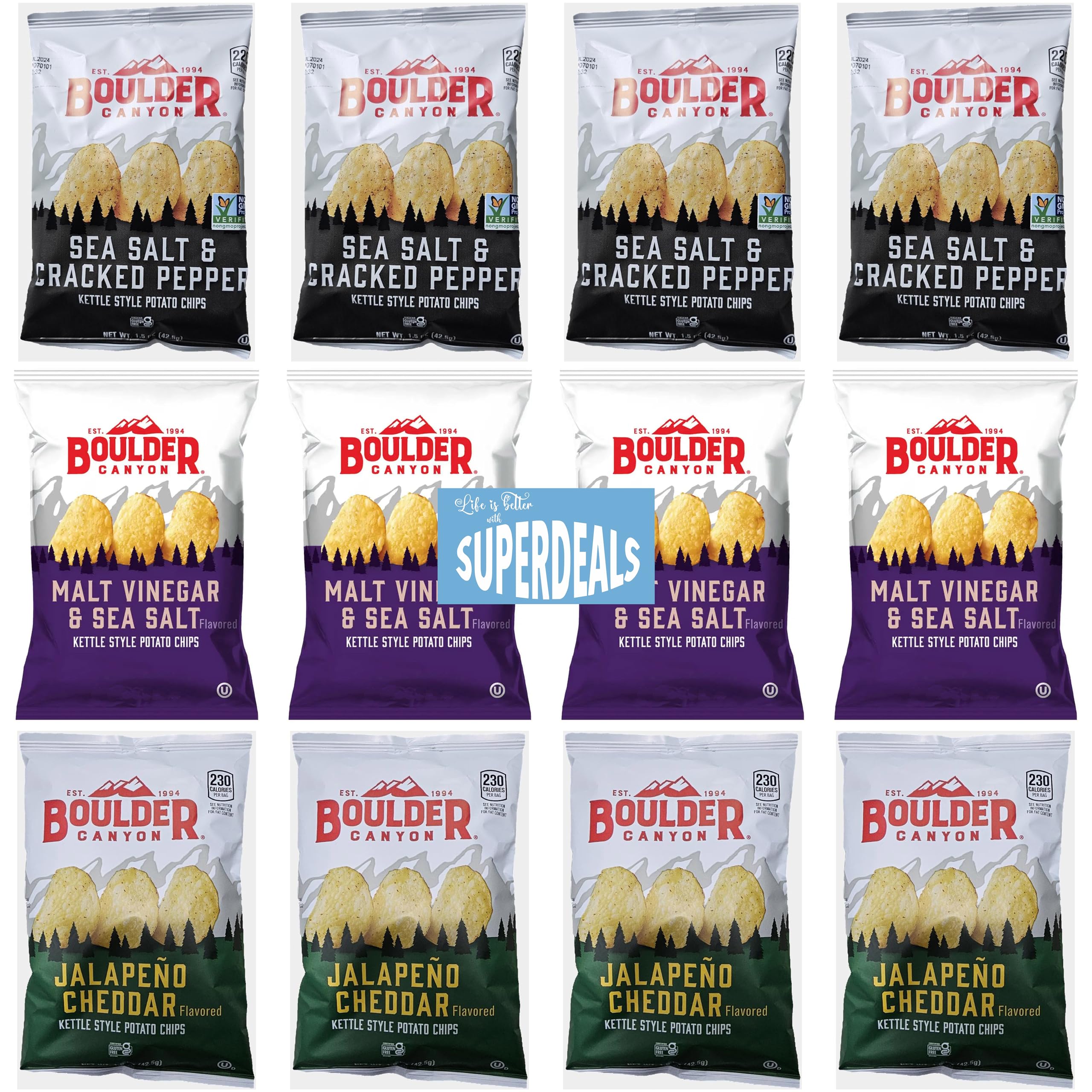 Boulder Canyon | Variety | 4 Sea Salt & Cracked Pepper, 4 Malt Vinegar & Sea Salt, 4 Jalapeno Cheddar | Kettle Style Potato Chips | 1.5 Ounce | Pack