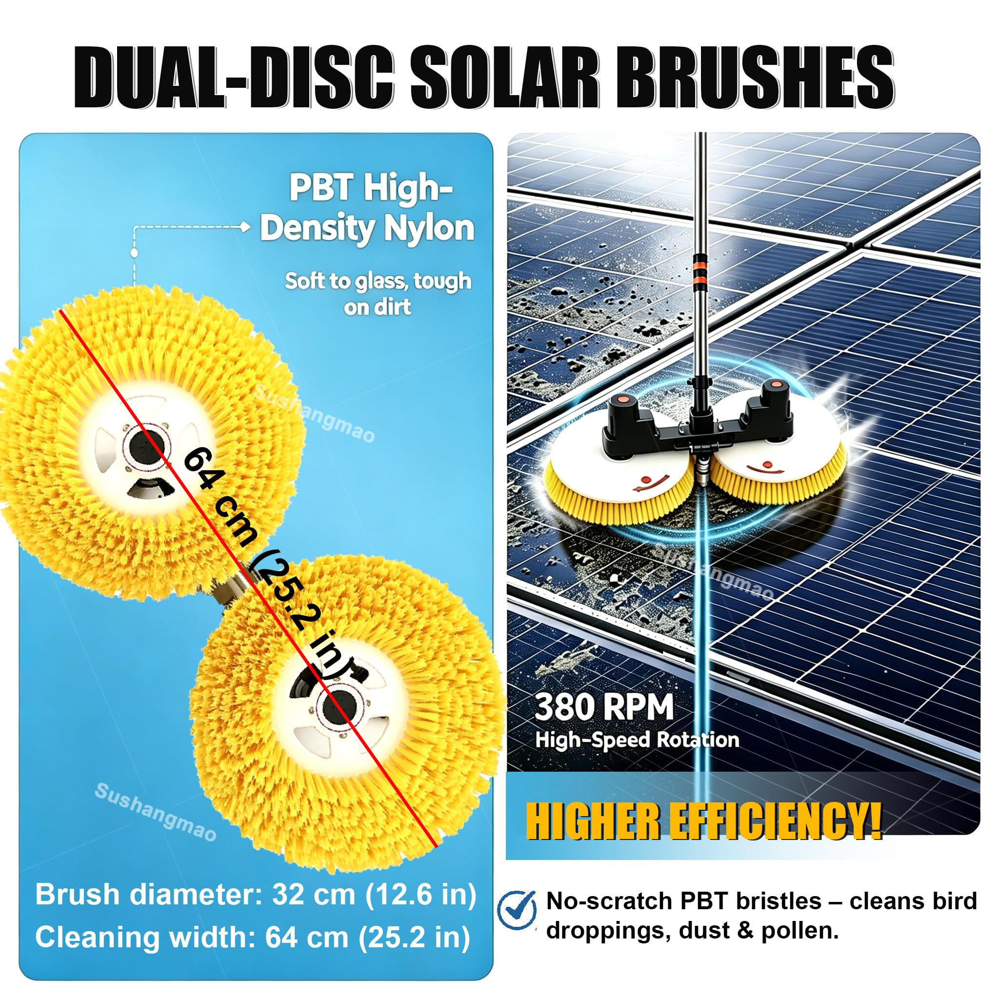 Kit de poste de alimentación de agua – Cepillo de limpieza de panel solar, 300 W de doble disco de 64 cm, ajustable de 5,5 m/7,5 m para limpiar paneles, ventanas, caravanas, carteles