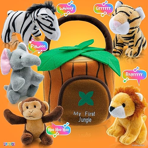 Miniatura 7 de Play22 Juego de 6 piezas de animales de la selva parlantes de felpa con transportador para niños, bebés y niños pequeños, elefante, tigre, león,