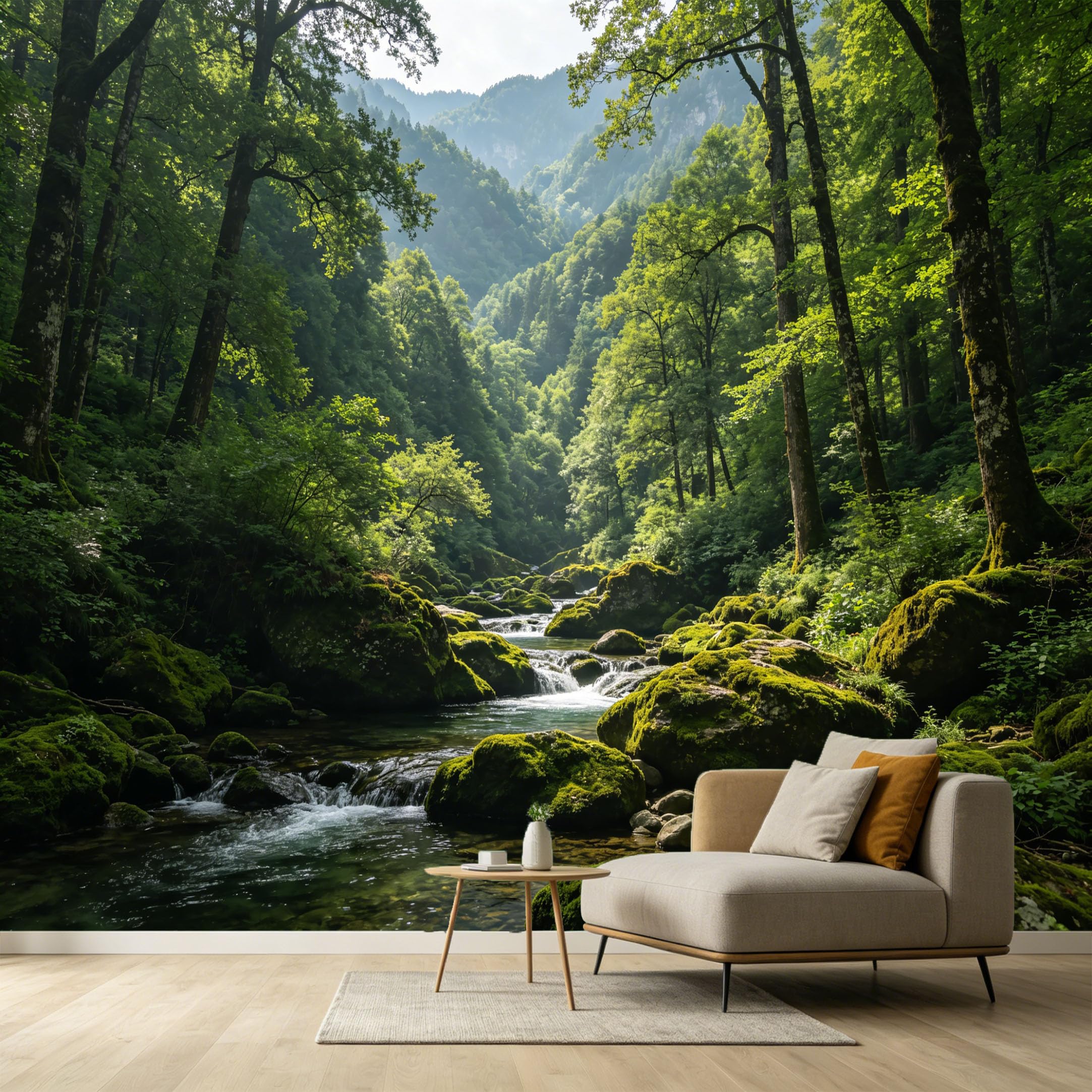 Custom Size Wall Murals Forest Landscape Mountain River Sunlight Mossy Rocks SelfAdhesive Wall Fabric Removable Large Wallpaper for Photo Living Room Interior Decor