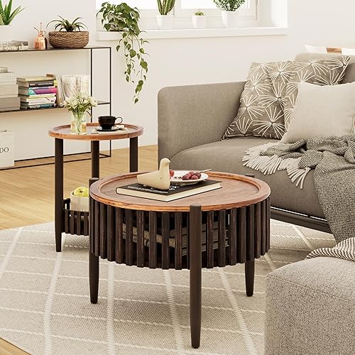 Juego de 2 mesas auxiliares anidables, mesa auxiliar redonda, parte superior de grano de madera con espacio de almacenamiento adicional, mesas