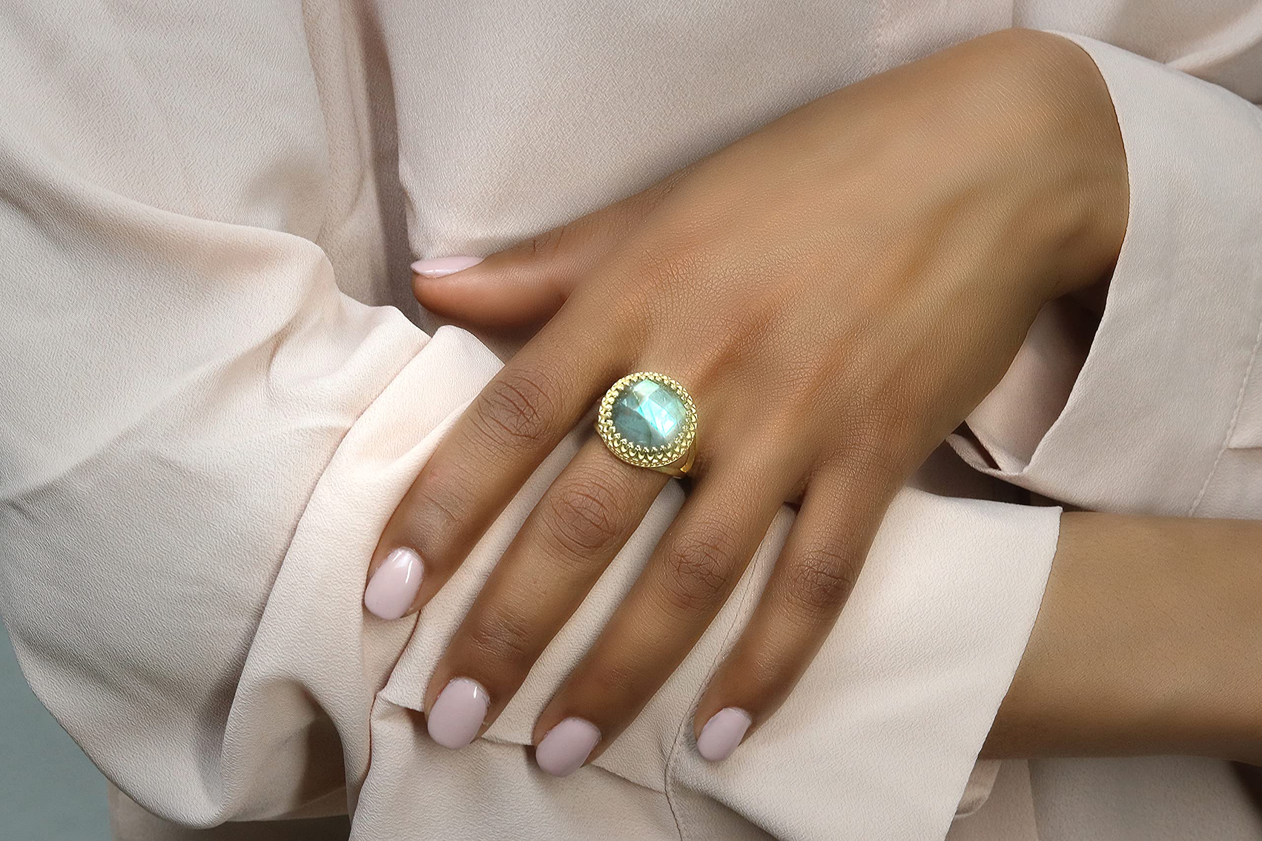 Anemone Gioielli Anelli Pietra Gemma Alla Moda - Anello Labradorite con Oro Riempito Banda 14k - Gioielli Fatti a Mano 14k per Ogni Occasione - Confezione Regalo Gratuita - Incisione Disponibile