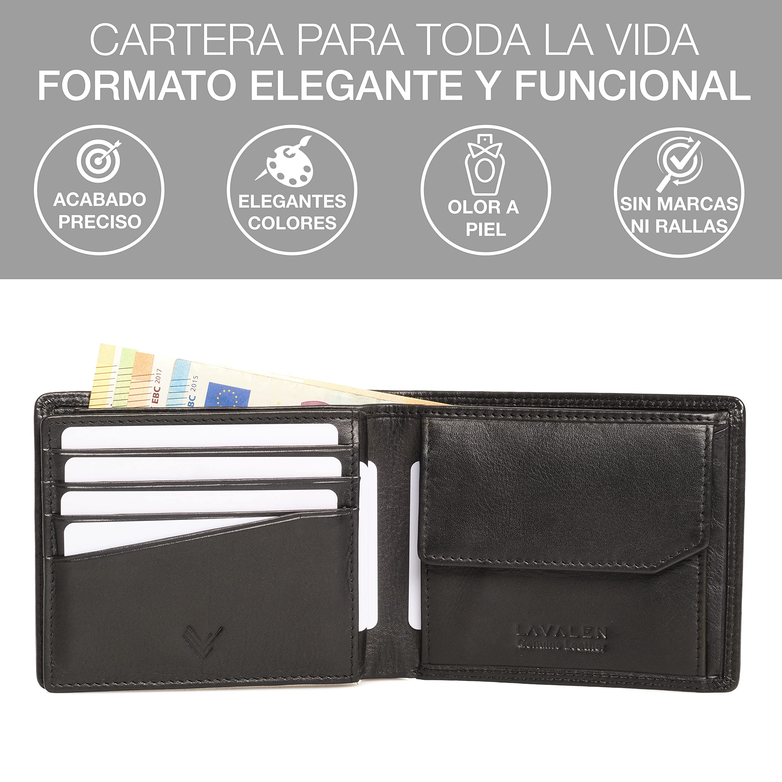 Carteras para Hombre Piel – Hecha a Mano - Monedero Tarjetero Cuero - La Cartera Hombre Piel Genuina - Billeteras con RFID - Wallets for Men - Regalos Originales, Negro
