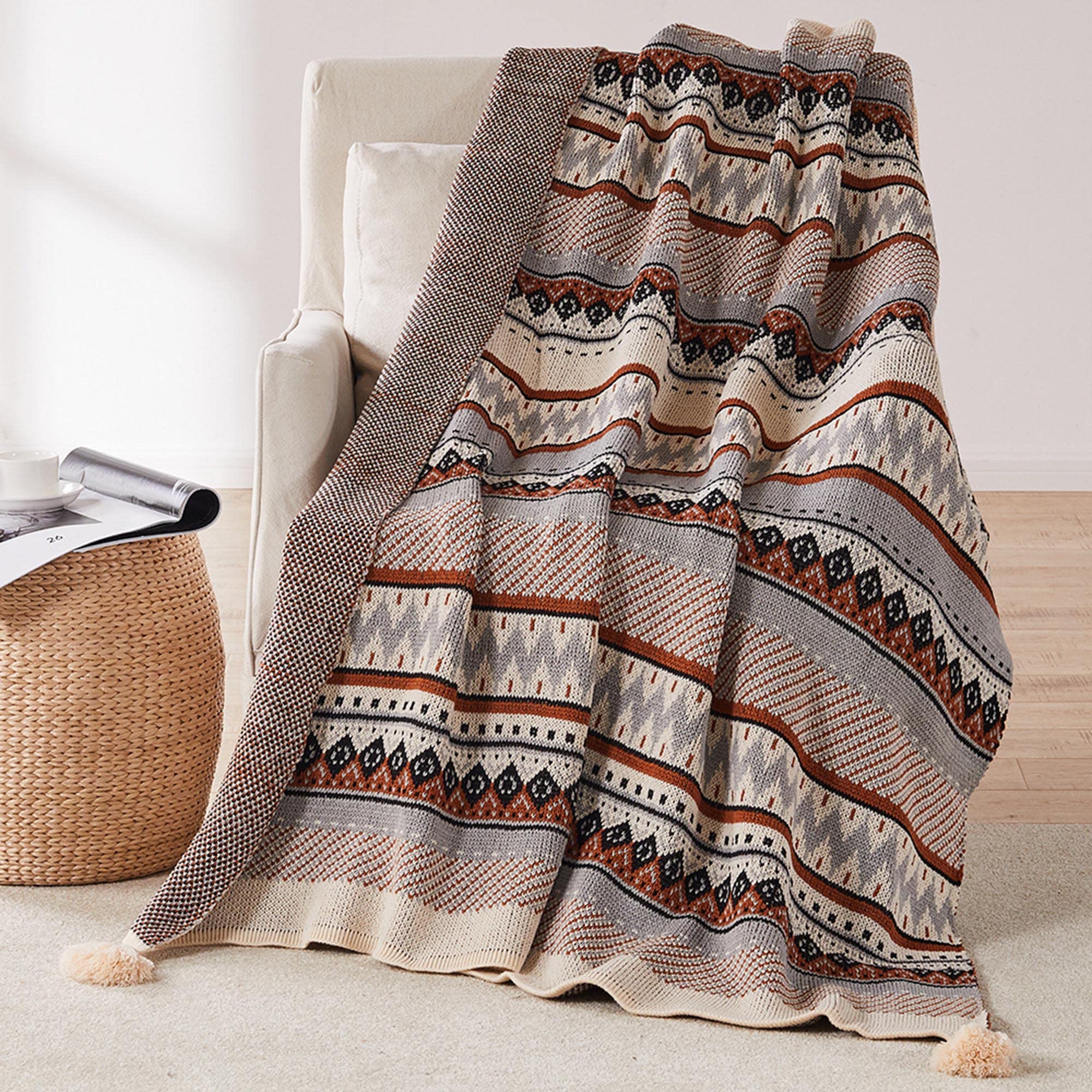 Coperta con frange a maglia, morbida e leggera, con nappe, decorativa, stile bohémien, calda coperta in acrilico per divano, divano, copriletto, divano, divano – (130 x 170 cm, Style8)
