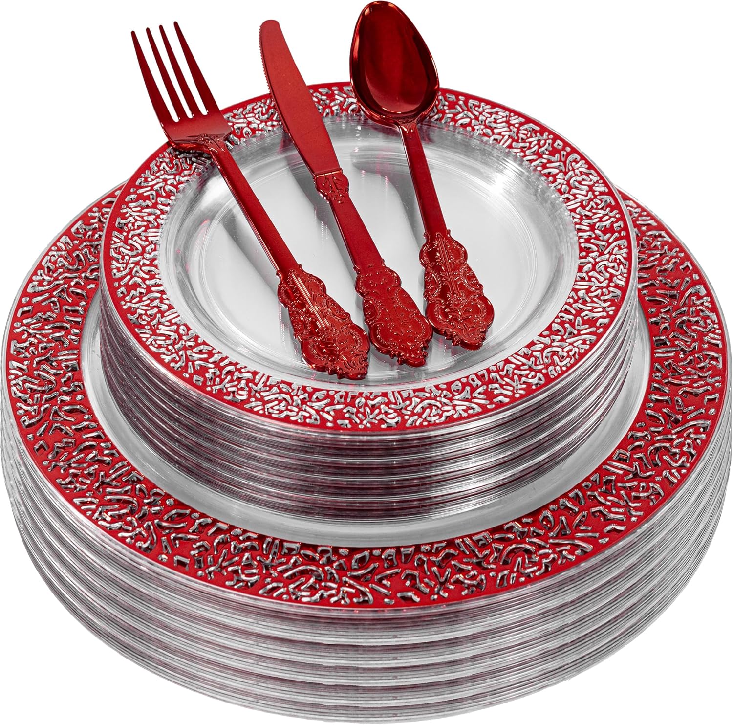 LUODA MirthMood 30 Guests Red Plastic Plates with Disposable Silverware, Clear Red Party & Wedding Dinnerware Include 30 Dinner Plates, 30 Dessert Plates, 30 Silver Cutlery for Weddings & Party.