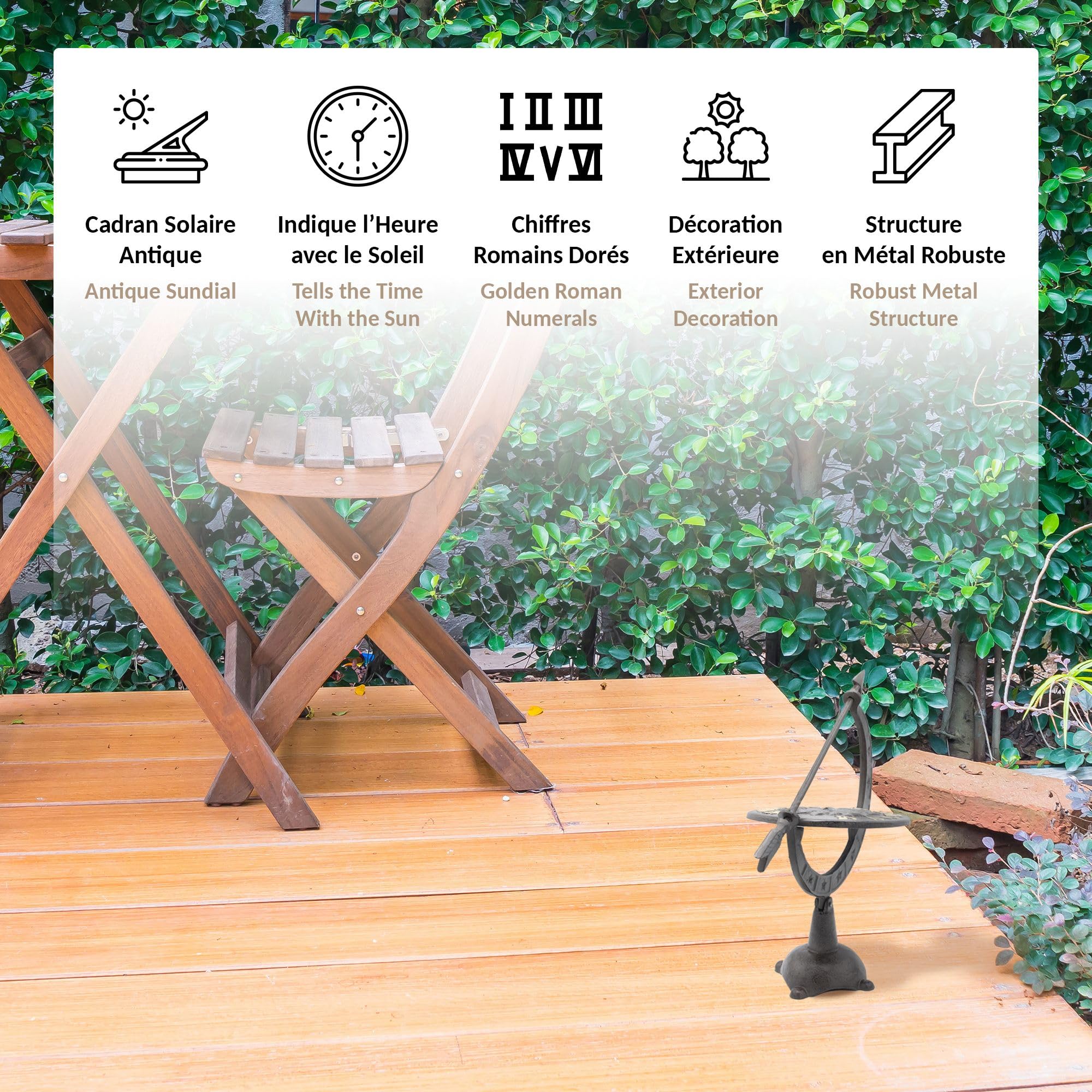 Fishtec - Cadran Solaire Antique en Fer forgé - Gnomon Fonctionnel Chiffres Bien Visibles 32 x 15 cm résistant aux intempéries - Décoration élégante pour Jardin terrasse et extérieur à Poser