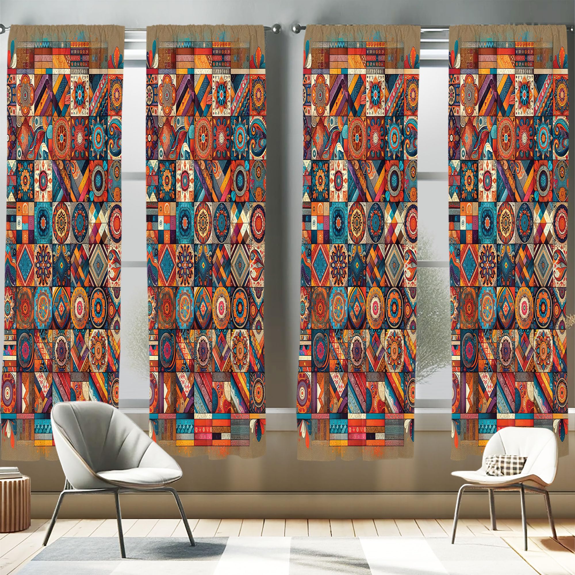 Ambesonne Bohemian Window Curtains Pack of 2, Patchwork Inspired Squares with Mandala Blooms and Folk Geometric Art, Lightweight Set with Rod Pocket,