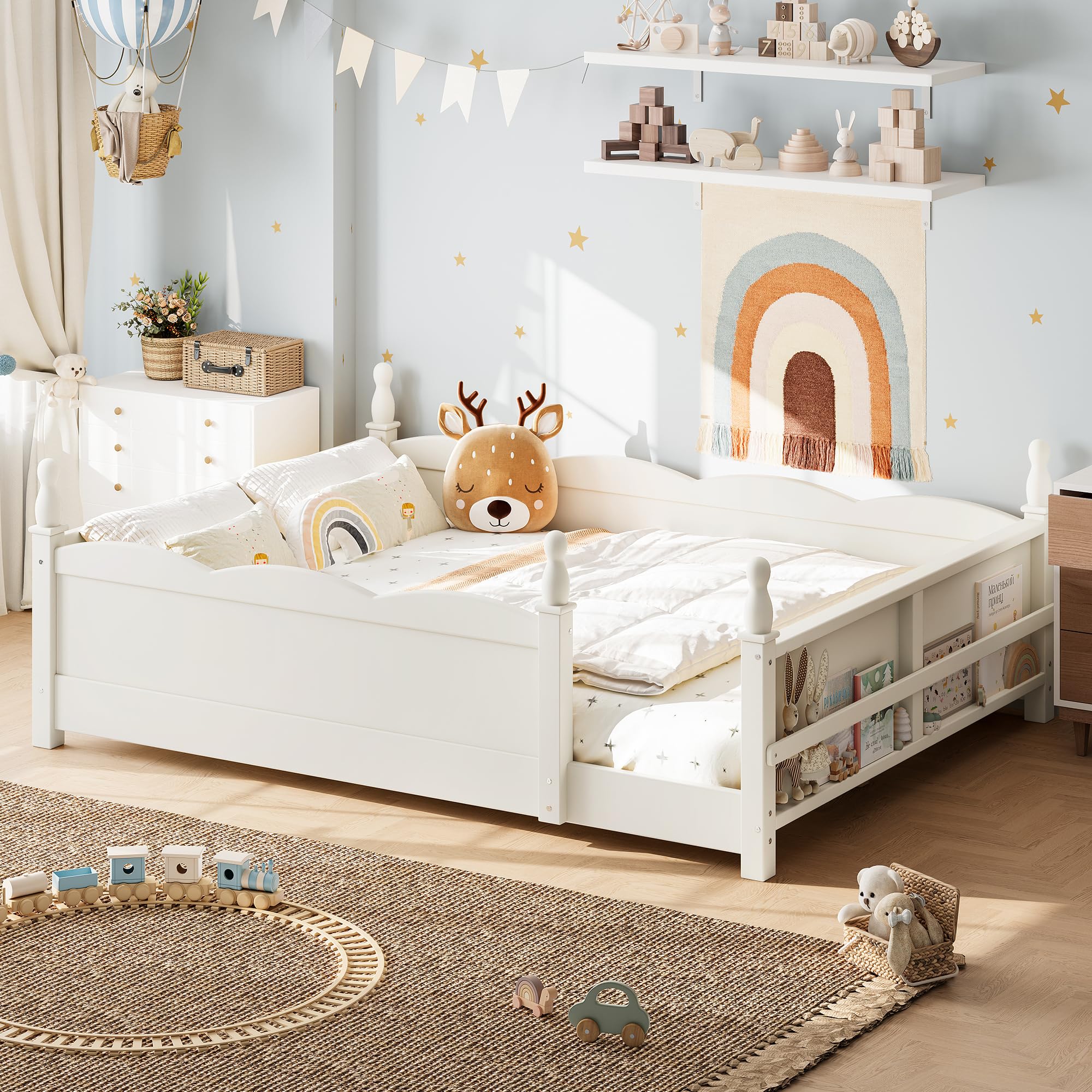 Bellemave Full Size Montessori Floor Bed Frame with High Fence, Solid Wood Kids Floor Bed with Bookshelf, Low Profile Bed for Boys &amp; Girls, Childlike Design,Beige