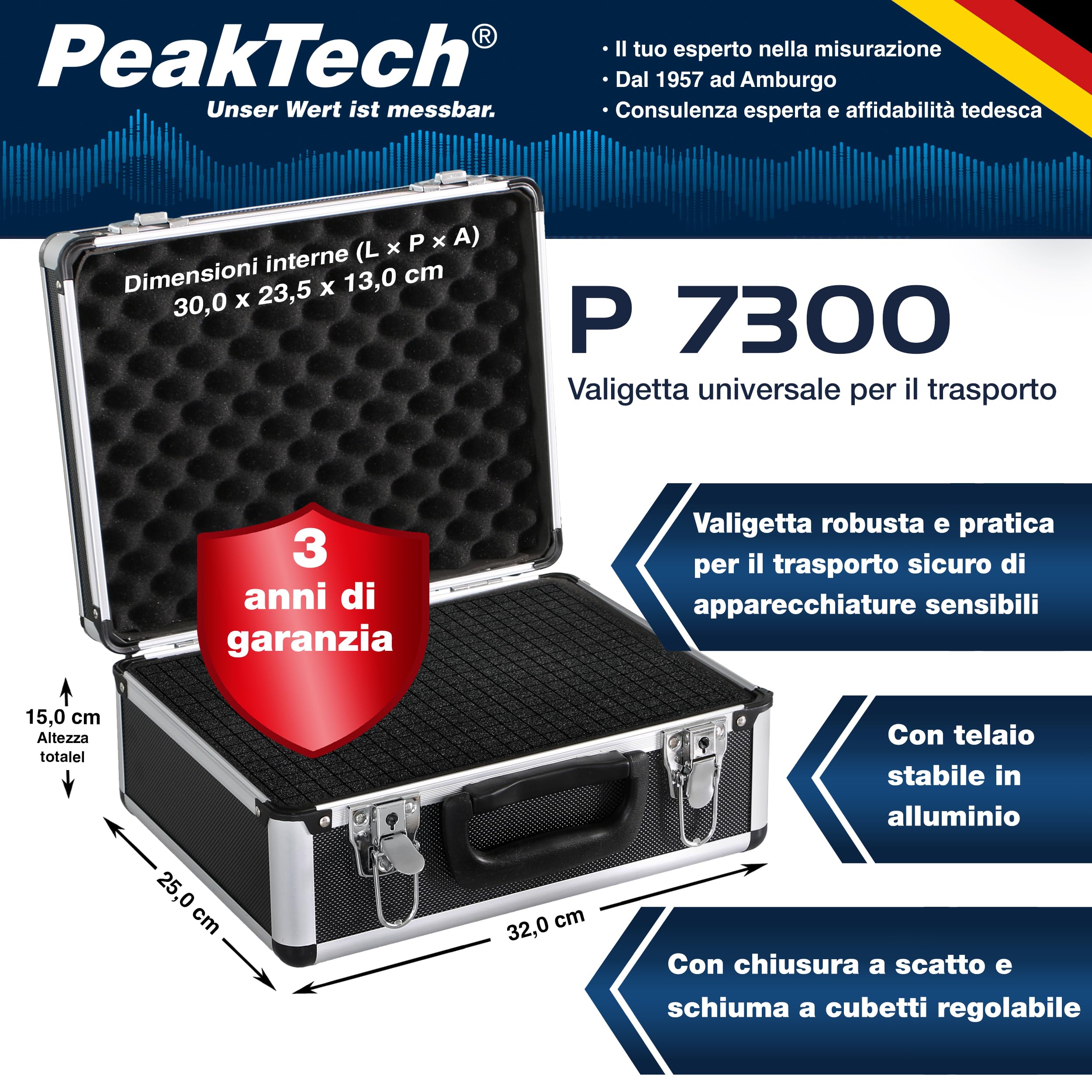 Peaktech 7300 - Custodia Universale per Strumenti di Misura, Alluminio Resistente, Imbottitura in Schiuma, Carico utile max 20 kg, Nero, 320 x 250 x 150 mm