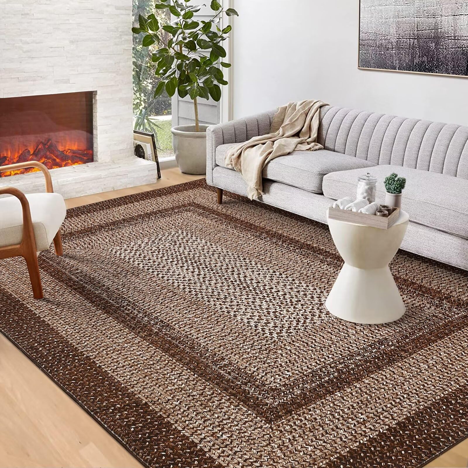 GAOMON Modern Braided Print Area Rug, Brown, 9 x 12 FT, Machine Made, Low Pile, Non-Slip, Non-Shedding, Indoor, Polyester, Adult, Unisex